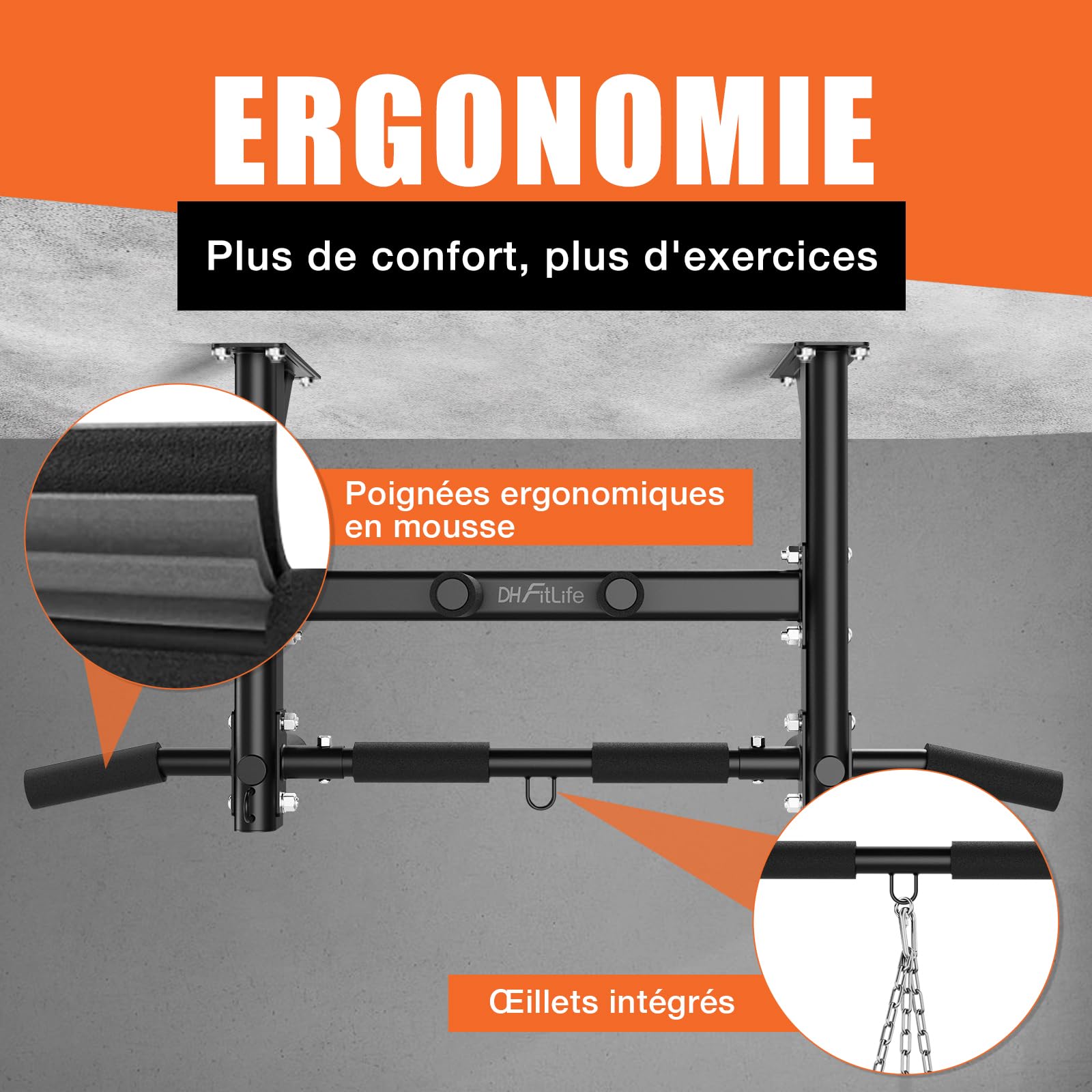 DH FitLife Barre de Traction Plafond 4-en-1, 8 Poignées, 300 kg | Montage plafond avec chevilles｜Sangle suspension incluse｜3 œillets｜Poignées antidérapantes｜Barre traction Home Gym