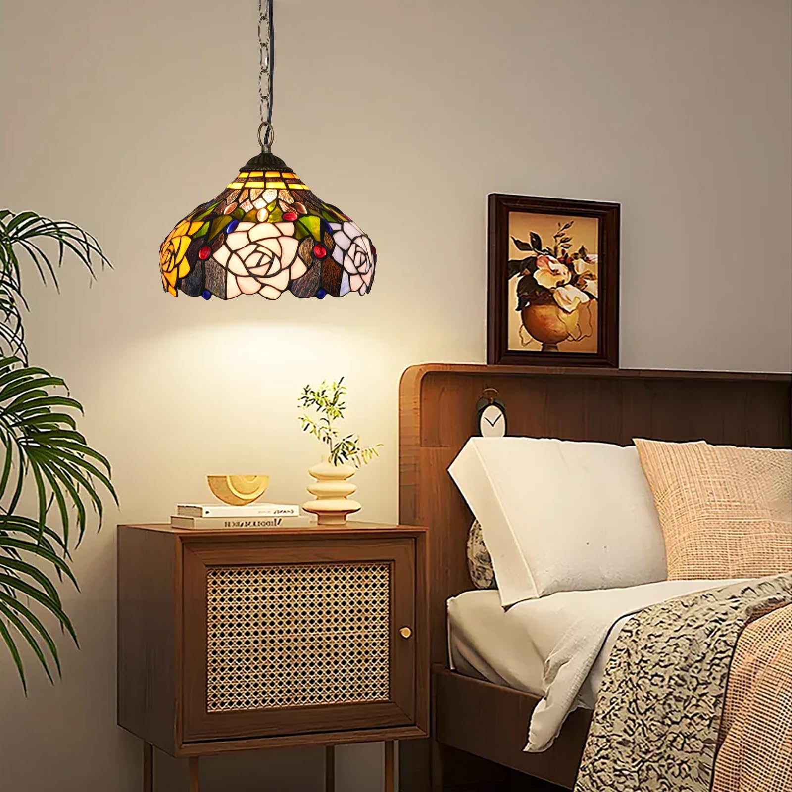 Tiffany Pendelleuchte Rose Blumen Buntglas Hängelampe 12 Zoll Antik Stil Plug in Licht für Haus Küche Insel Esszimmer Wohnzimmer Flur Theke Bar