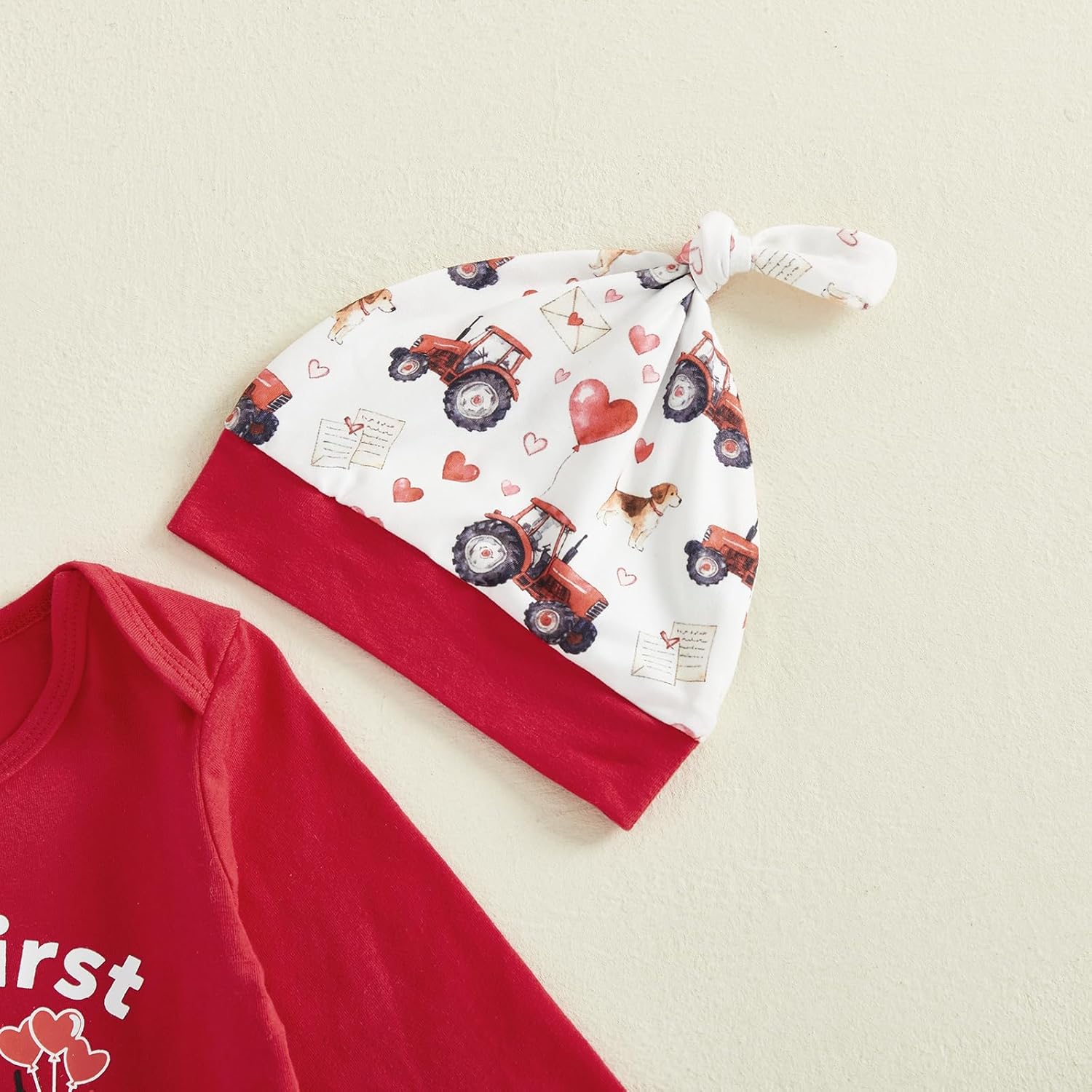 Newborn Baby Boy First Valentine’s Day Outfit Tractor Heart Dog Long Sleeve Romper Jumpsuit and Pants 3Pcs - Image 3