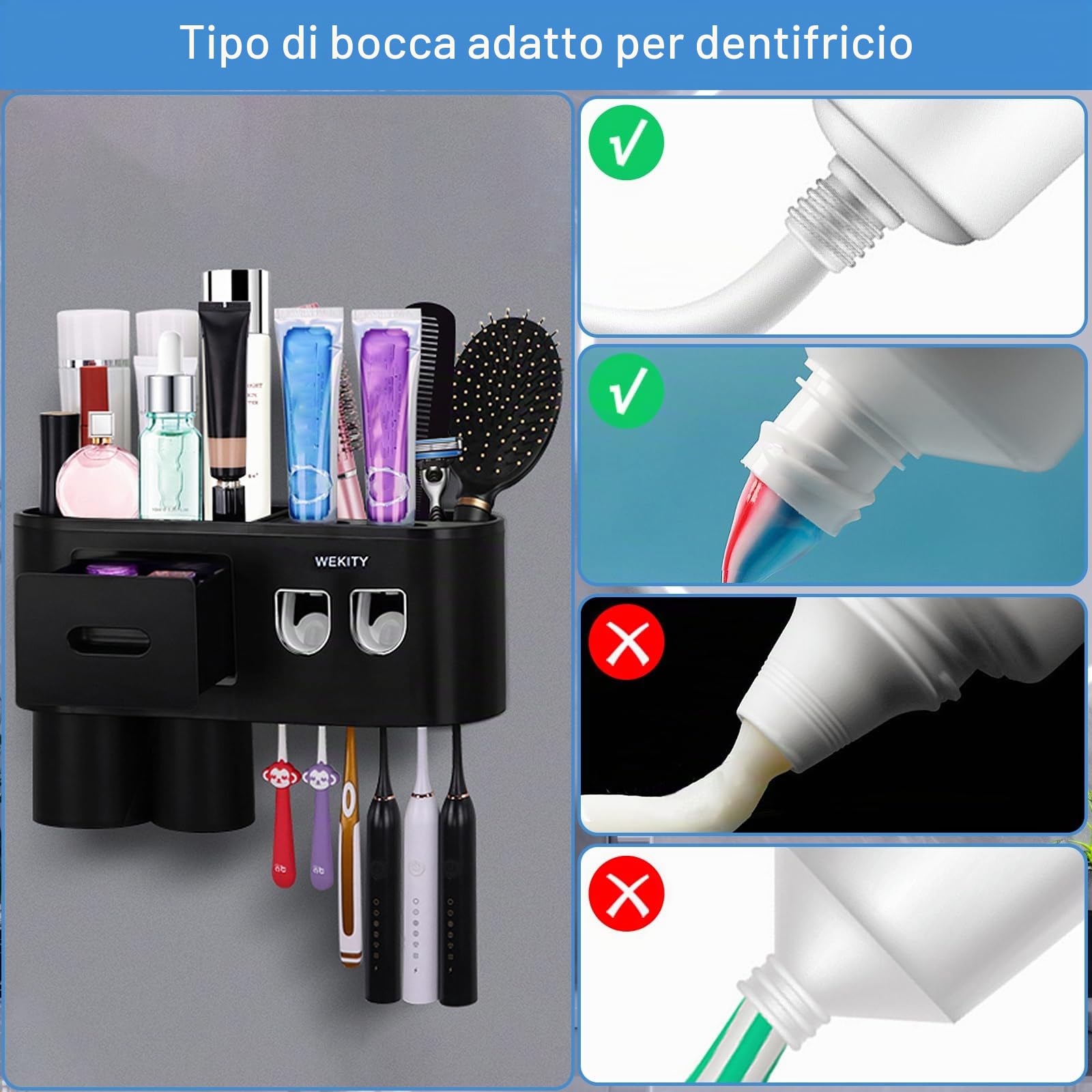 Portaspazzolino da parete multifunzione, dispenser automatico di dentifricio, salvaspazio, con 2 tazze e cassetti, organizer per cosmetici (nero 2 dispenser)