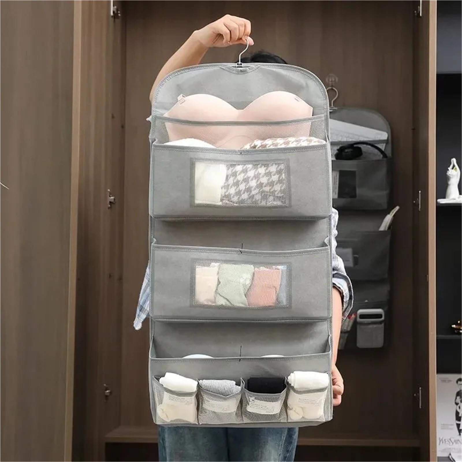 portaoggetti da Appendere Organizer portaoggetti sospeso a 3 Livelli, in Tessuto Non, con Porta Posteriore, Montato a Parete, for Biancheria Intima, Calzini, Multitasche