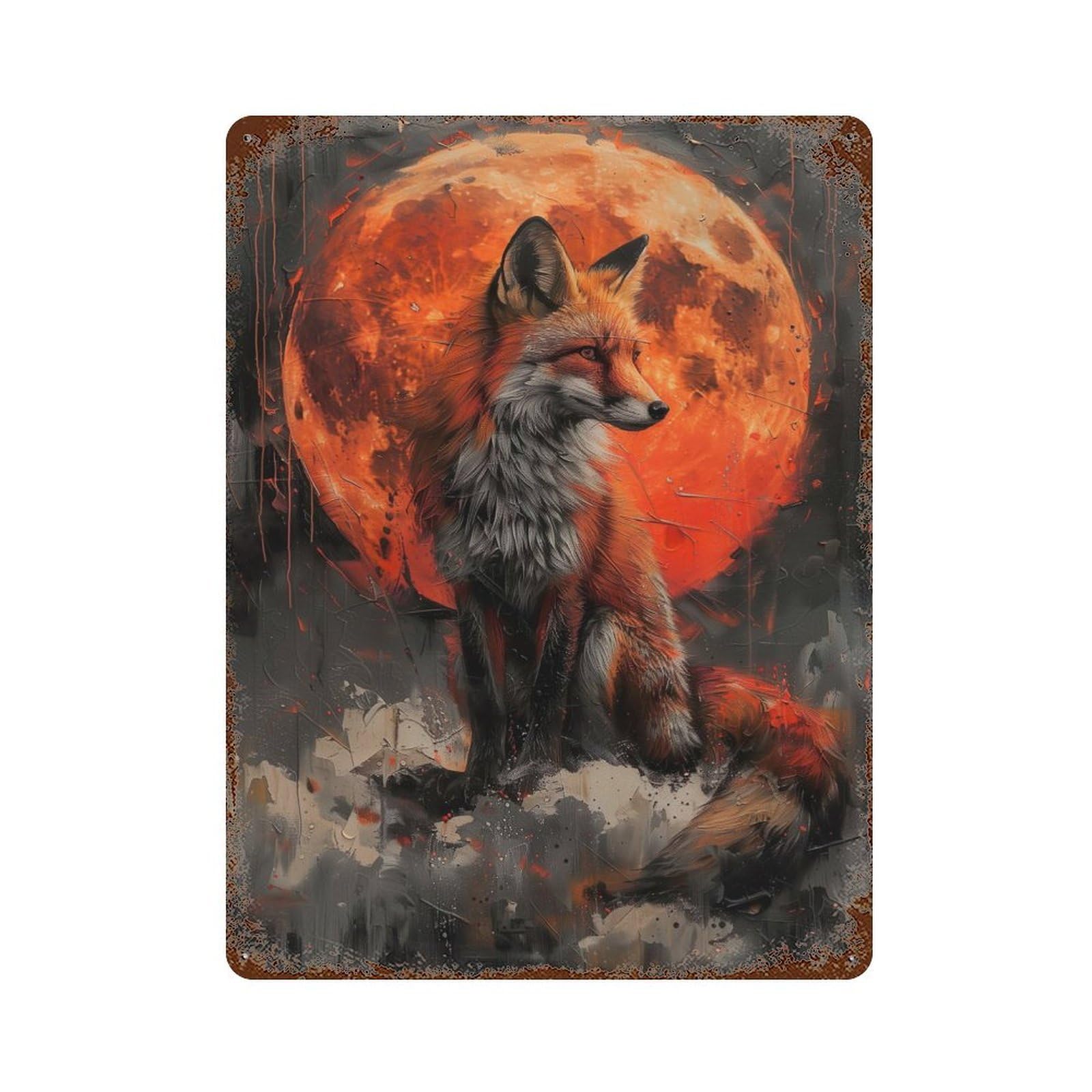 Mystical Orange Wolf Rusty Metal Tin Sign 15.7"x11.8", Industrial Home Decor for Garage, Pub Or Kitchen