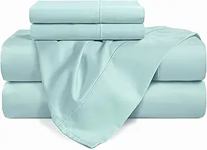 Casa Platino 100% Egyptian Cotton Sheets Twin Size Set - 4 Pcs (1 Flat, 1 Fitted, 2 Pillowcases)- Ultra Smooth Sateen Weave Bed Sheets Set with 15" Deep Pockets - Blue Sky