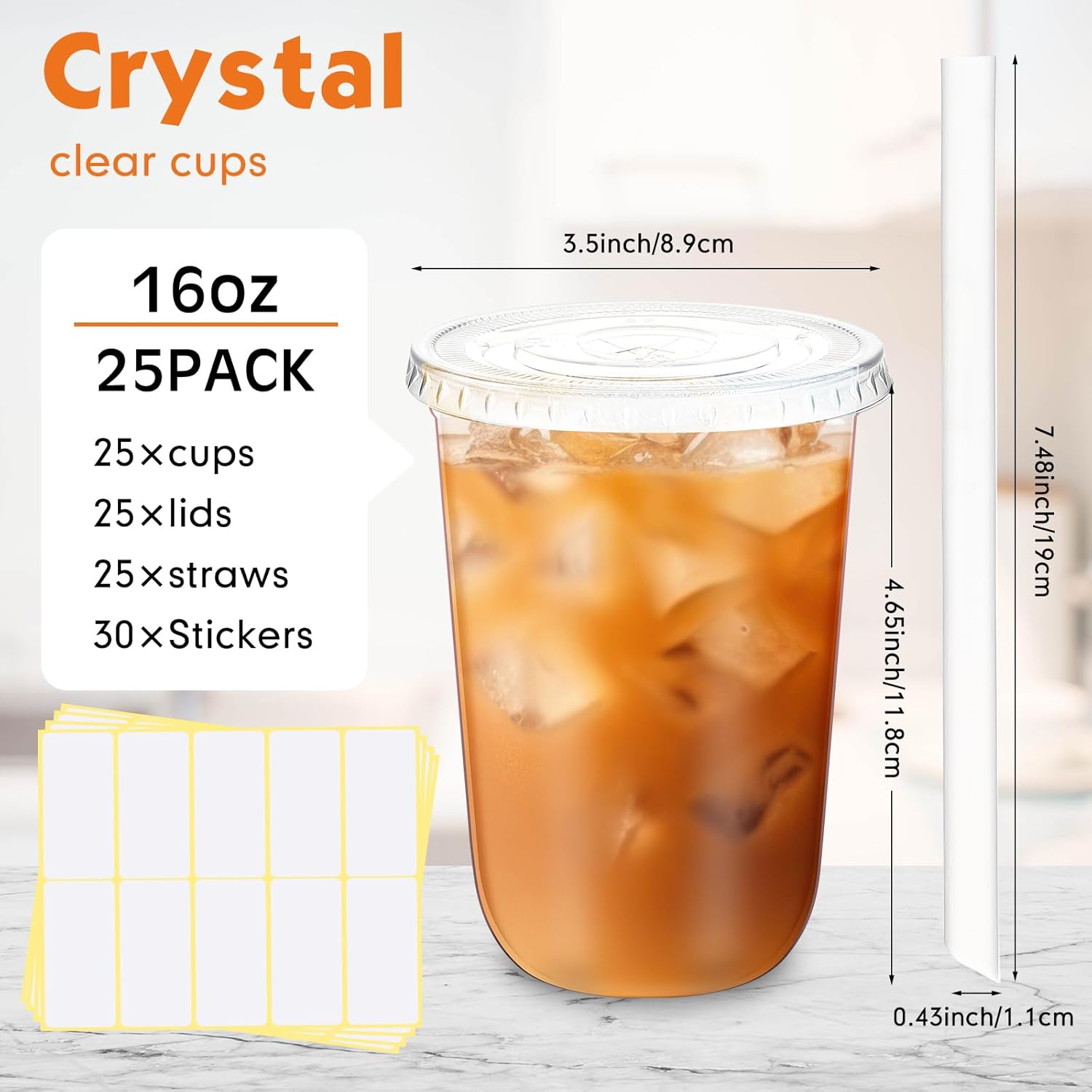 25 Sets Crystal Clear Plastic Cups with Lids, Straws and Stickers, Disposable Iced Coffee Cups Thickened PET for Iced Coffee, Bubble BobaTea, Smoothie, Cold Drinks, Juice, Shops (16 oz) - Image 3