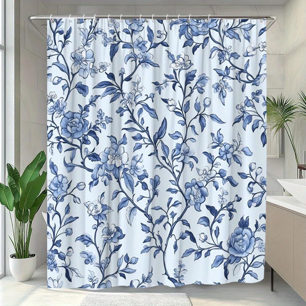 Rideau de douche bleu marine et blanc pour sublimer votre baignoire rétro