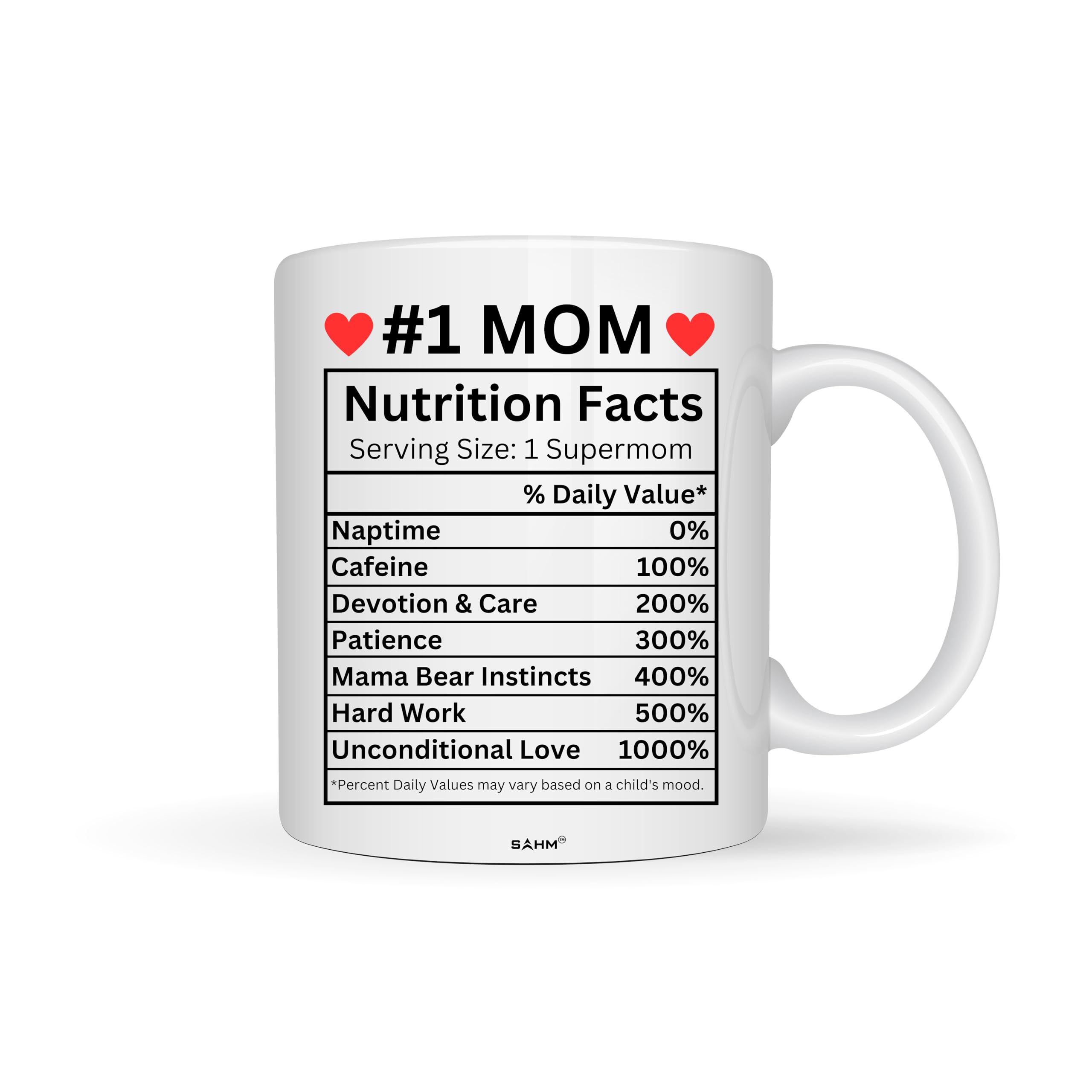 #1 Mom Nutrition Facts Mug - Funny Coffee Mug Gift for Mom from Daughter or Son – Mother’s Day, Birthday, Christmas – 11oz Ceramic – Comes in Gift Box