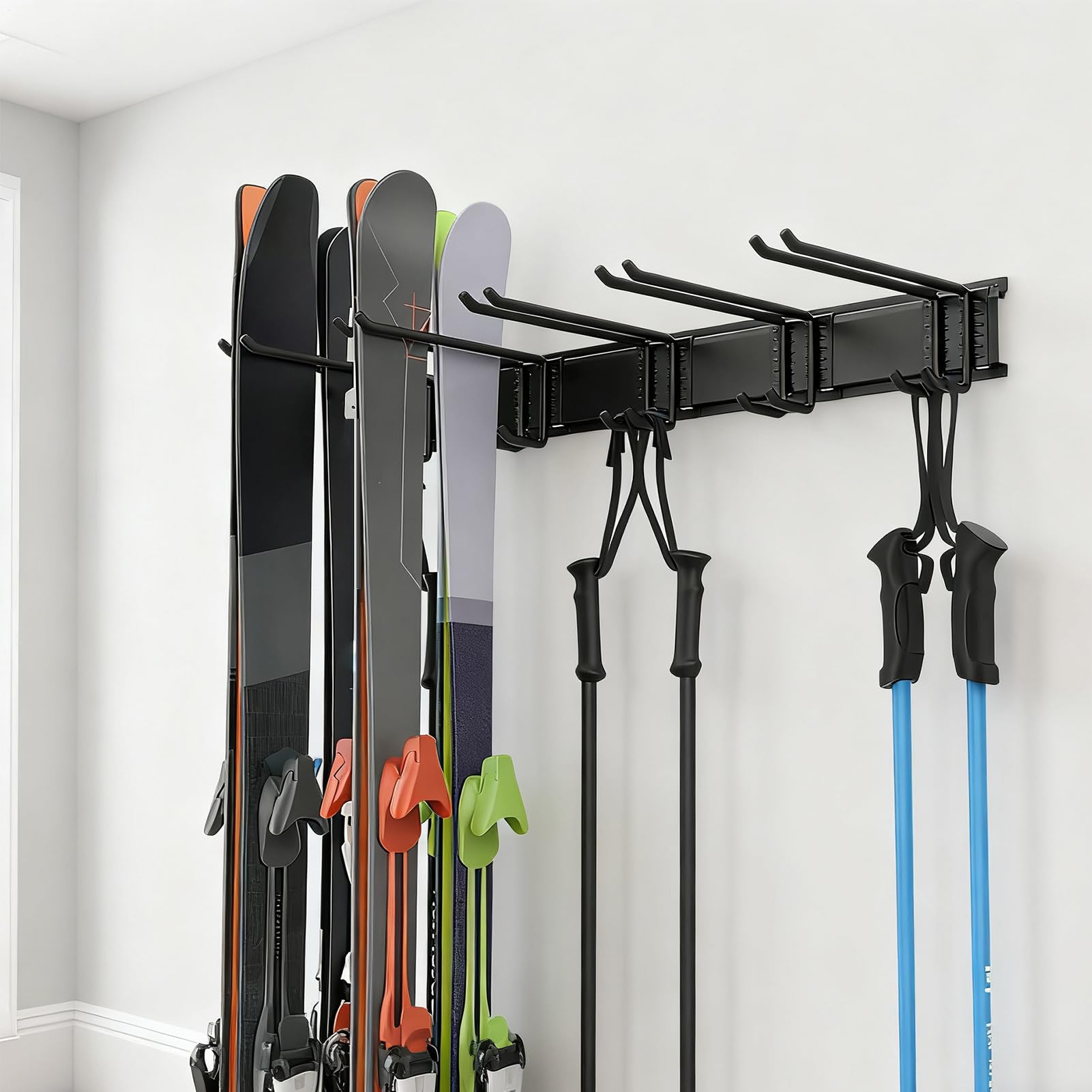 Wandhalterung für Skier – mit 6 robusten Haken, rutschfest | Organisation für Garage zur Aufbewahrung von Skis – für Sportzubehör, für Innen- und Außenbereich, Schuppen, Garten