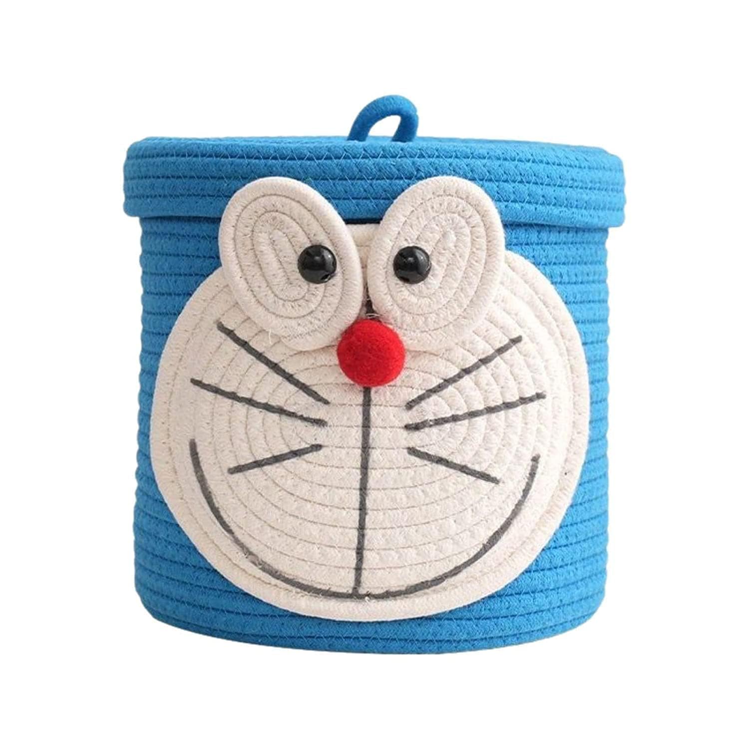 JK Enterprises Woven Cotton Rope Round Jute Basket Bin Storage Organizer With Lid for Home, Kitchen, Baby, Laundry Hamper, Toys, Clothes (Doreamon, 10+10), Multicolor, 25 X 20 X 5 cm
