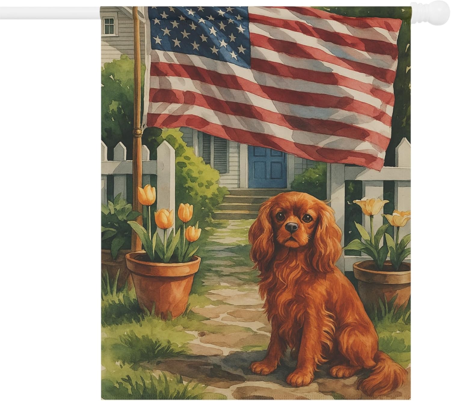 PUDDINFLAGS Ruby King Charles Cavalier Spaniel Garden Flag, 4th of July, US Flag Yard Outside Decor, Patriotic Housewarming