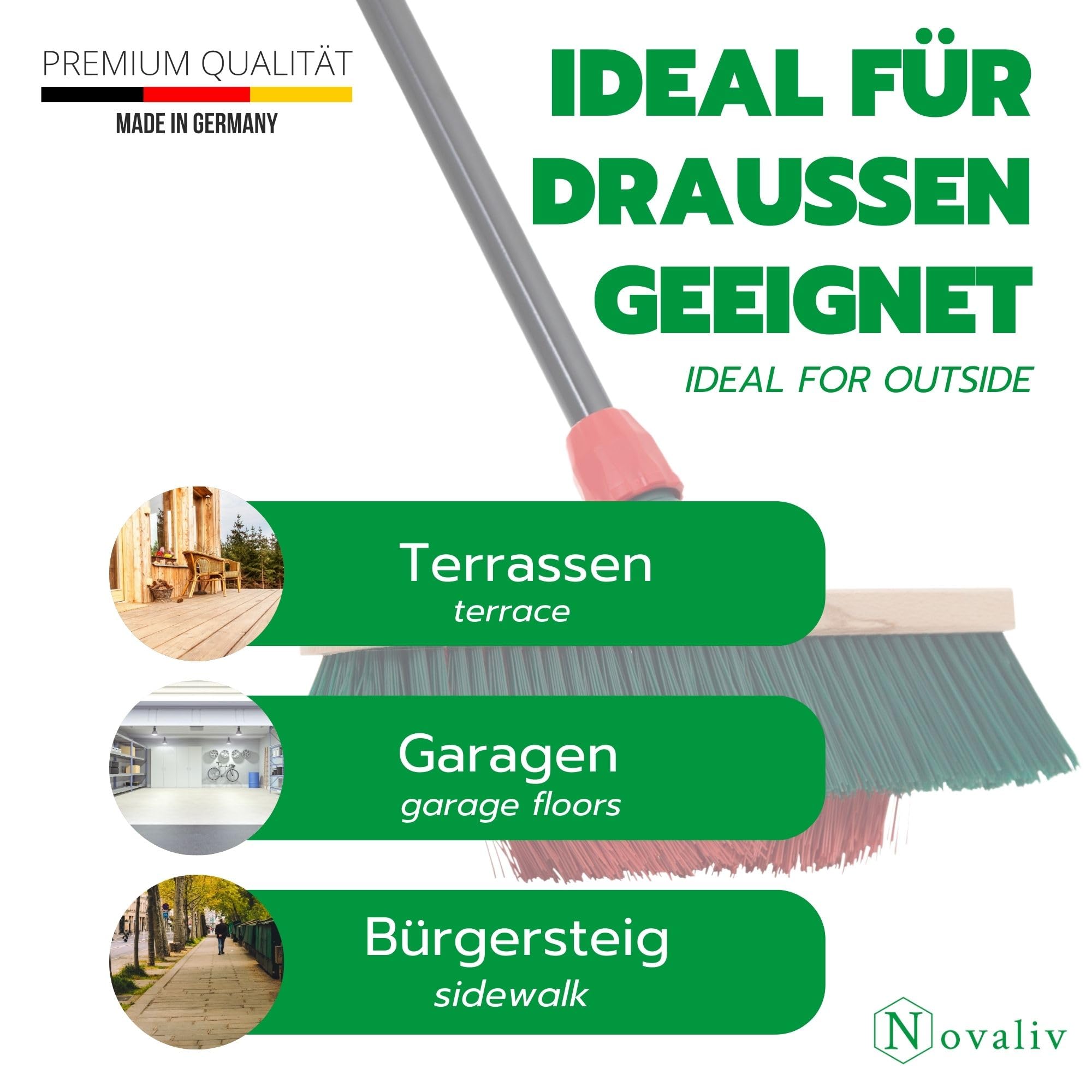 Novaliv 4X Besen mit V-Beborstung 40 cm Elaston grün/rot | Besen mit Teleskopstiel | Straßenbesen Kehrbesen Gartenbesen Industriebesen Hofbesen Allzweckbesen Großraumbesen Garden Broom Strassenbesen