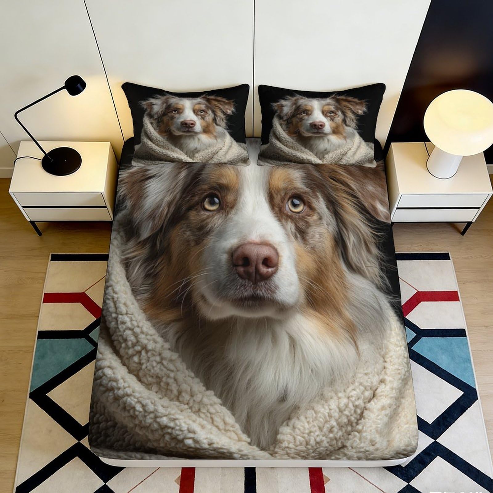 3D Printed Australian Shepherd Fitted Sheet Microfiber Soft Cozy Dog Pattern Bed Cover for Bedroom Dormitory Guest Room Mattress Protection Decor 120x200x25cm