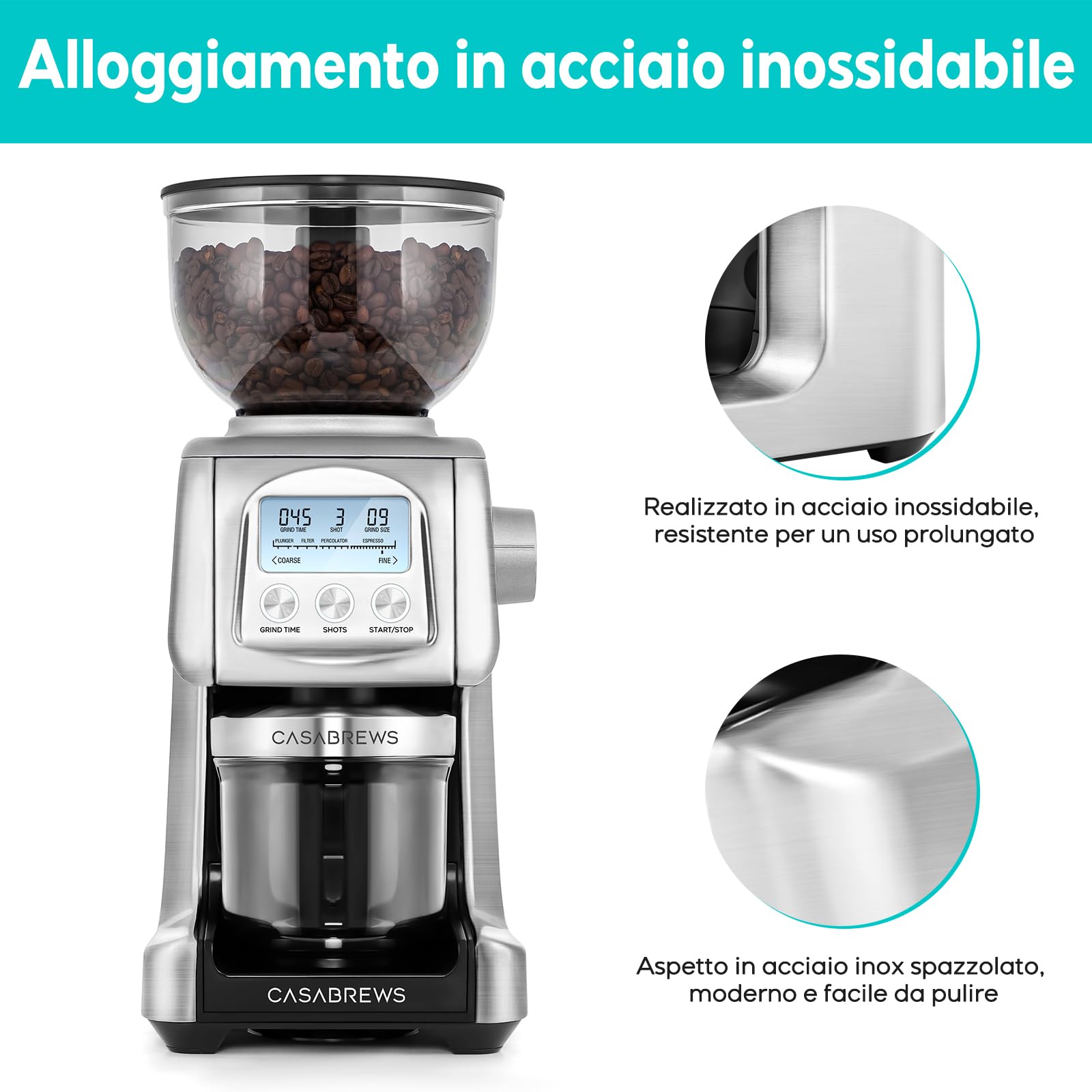 CASABREWS Macina Caffe' Elettrico a Cono, 77 Impostazioni di Macinatura, Macinacaffè Elettrico per Caffè Espresso e portafiltro, Contenitore per I Chicchi da 400gr, Indicatore LED,Acciaio Inossidabile