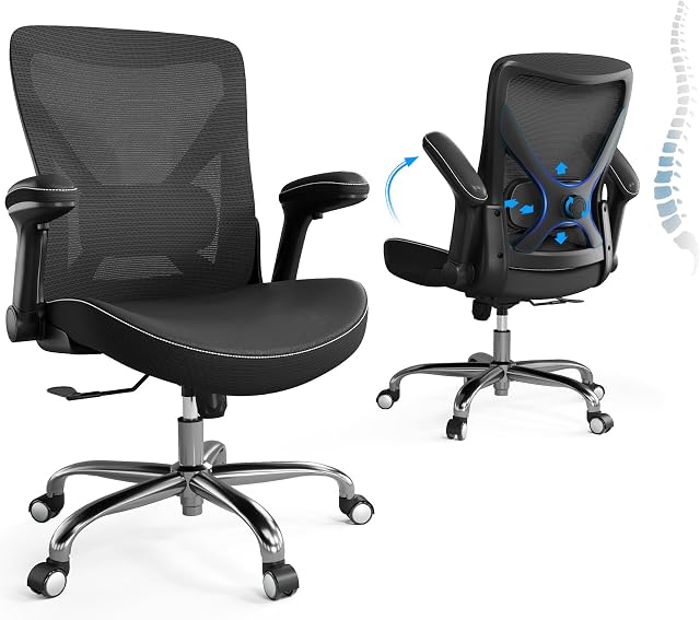 Ergalithic Office Ergonomic Home Chair-Computer PU Leather X-Shaped Desk Chair-Gaming Chair with Adjustable Flip-up Armrests Lumbar Support Mesh Executive Chair for Long Hours Office(Black)