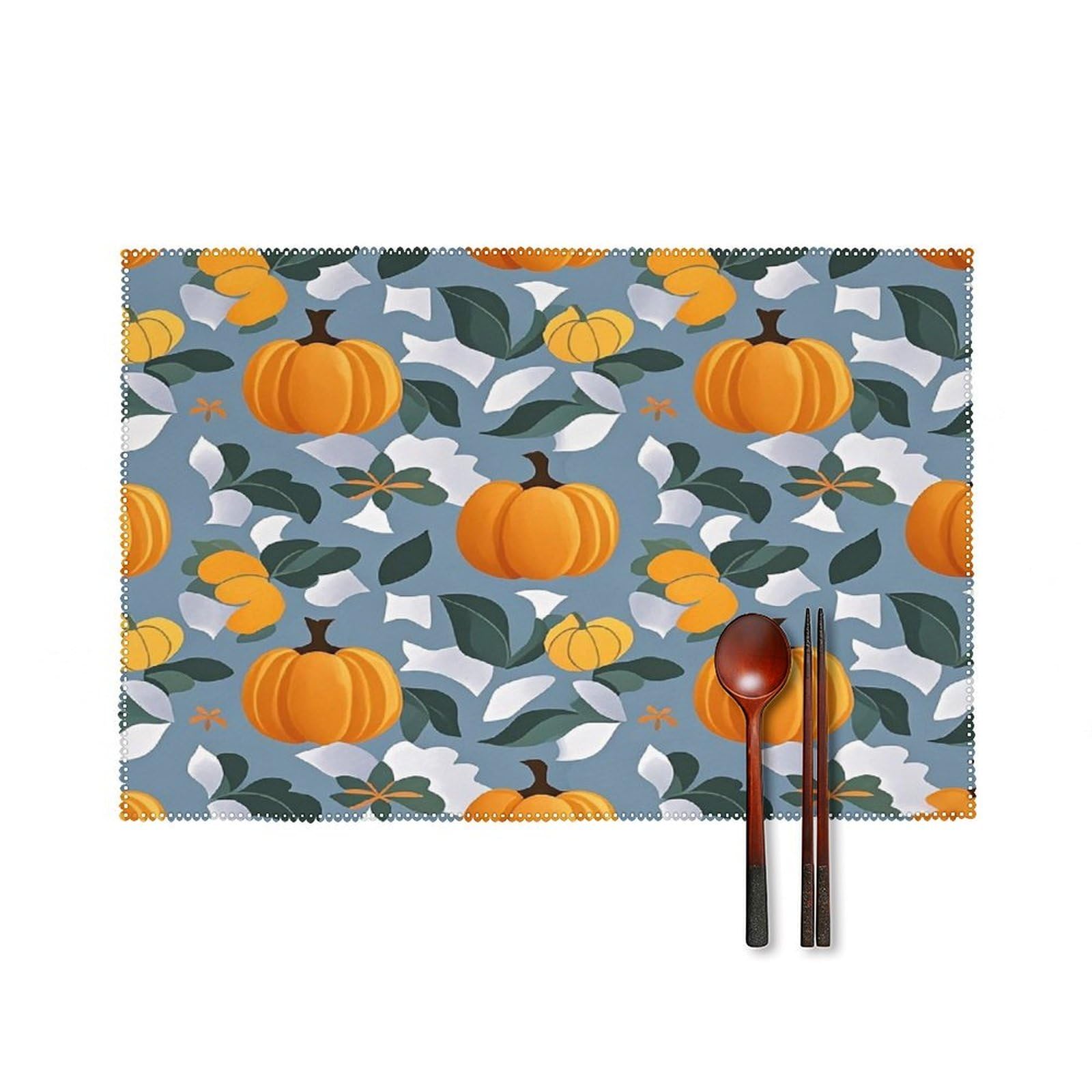 Orange Pumpkin Pattern Placemats Set of 6 Heat-Resistant Washable Place Mats Wipeable Kitchen Placemat Easy to Clean for Indoor Outdoor Party Kitchen Decoration