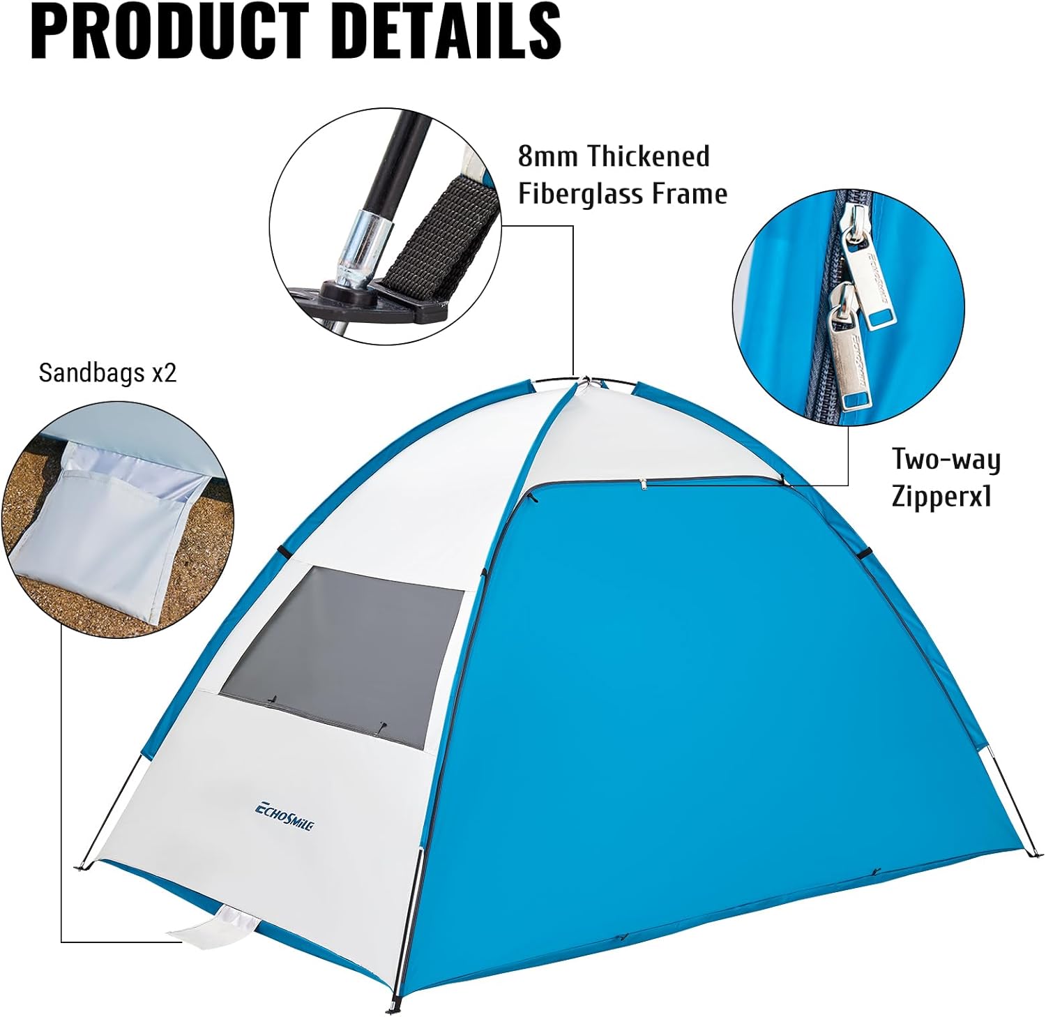 EchoSmile UPF 50+ Beach Tent Sun Shelter for 3/4 Person, Portable Beach Cabana Tent