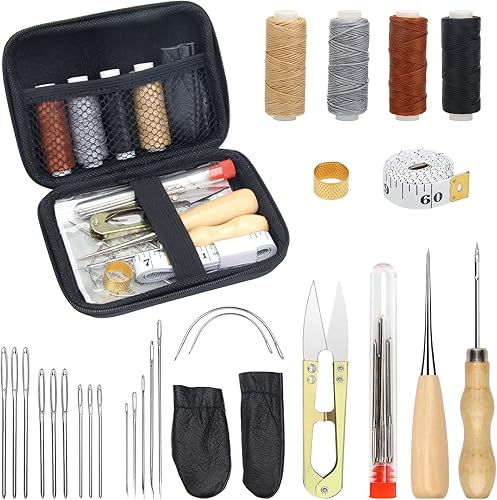 Kit de costura de cuero, herramientas de trabajo de cuero, kit de costura de tapicería de cuero, punzón, agujas de costura de ojo grande, hilo