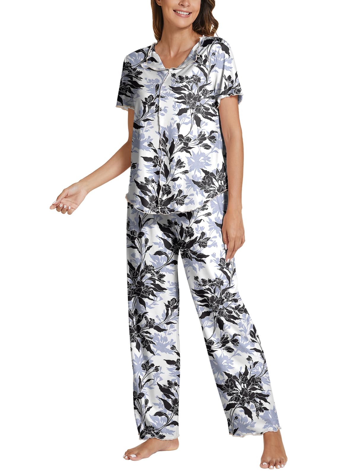 POKWAI Womens Pajama Sets Ruffles Short Sleeve Tops and Pants Soft 2 Piece Pjs Ladies Pajama Sleepwaer