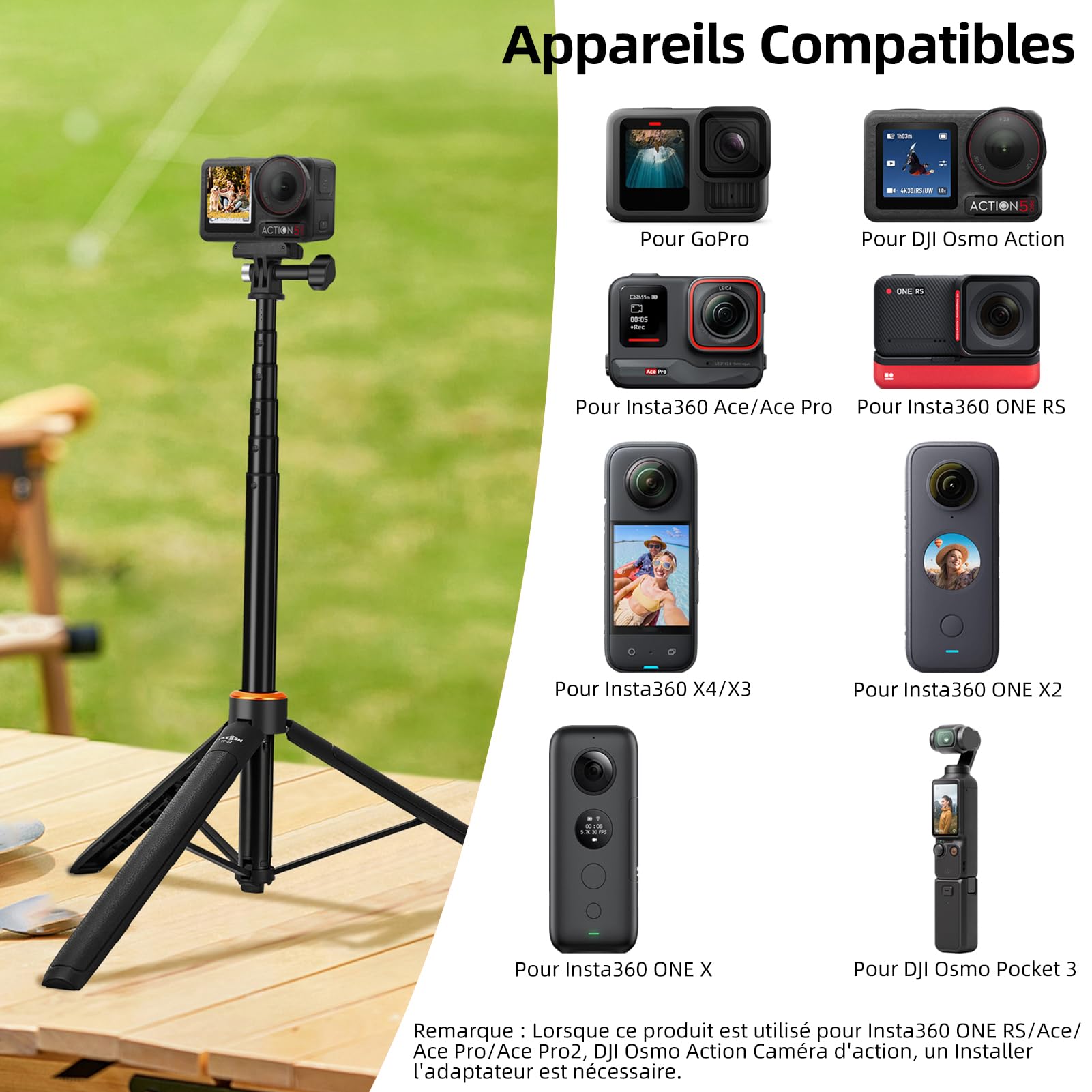Perche à Selfie Telescopique 135 cm avec Trépied Intégré pour GoPro Hero 13/12/11/10/9/Max, DJI Osmo Pocket 4/3, Osmo Action 5 Pro/4, Insta 360 Ace Pro, AKASO EK7000 et Autres Caméra d'action