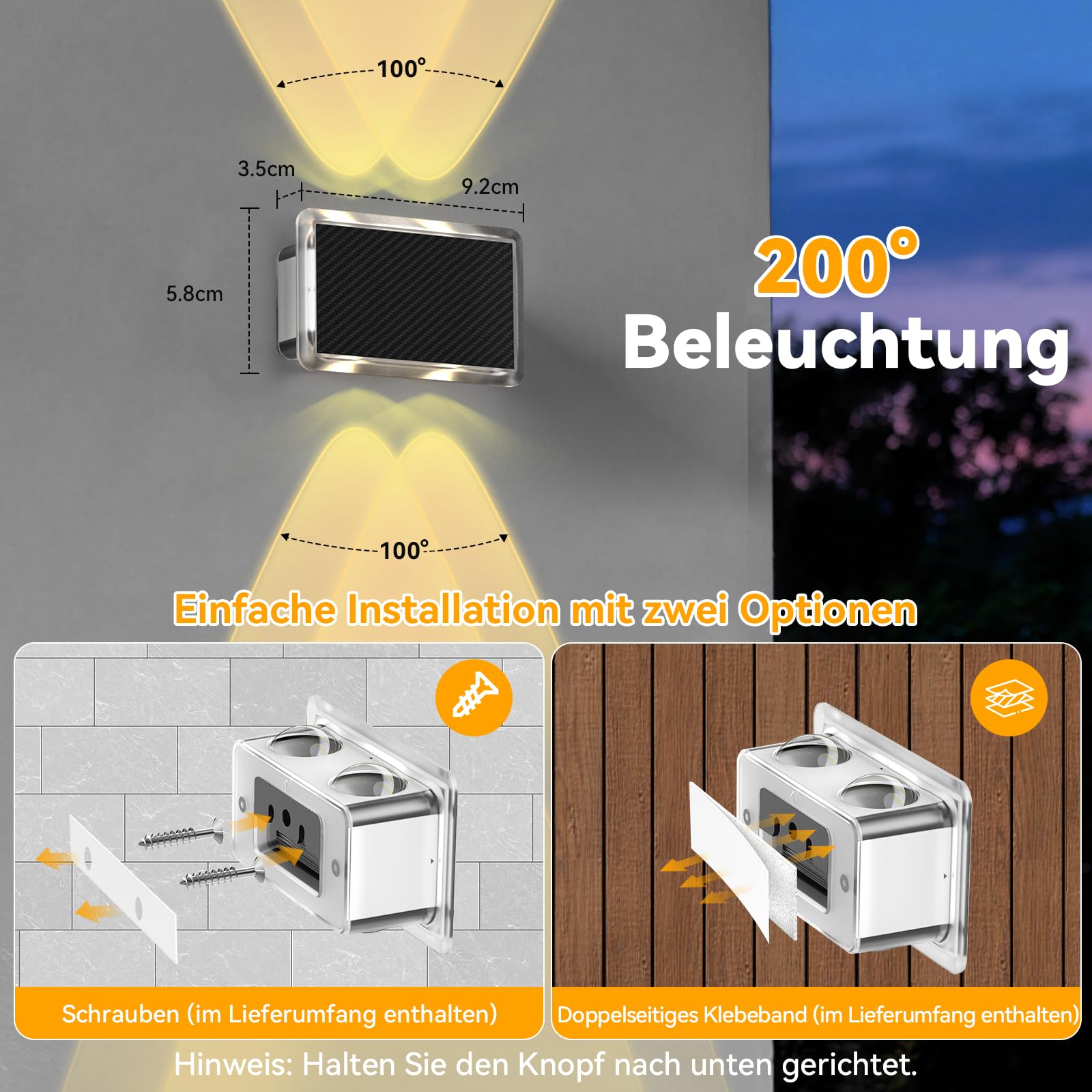 TECKNET Solar Wandleuchten für Außen, IP66 Up and Down Solarlampen, 12Stück | IP66 Wasserdicht, 4 LEDs, 3 Farbmodi, für außen wand, Garten, Hof, Terrassen, Balkone, Veranden, Zäune