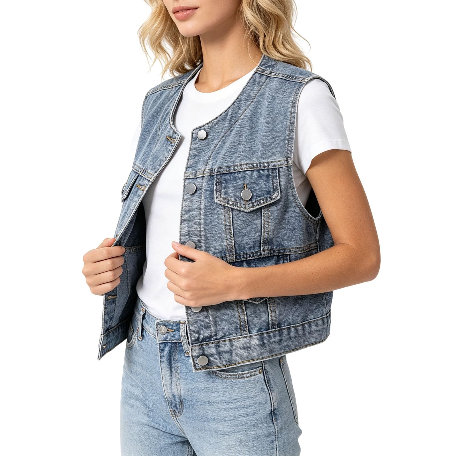 Generisch Chaleco vaquero para mujer, sin mangas, cuello redondo, chaqueta de estilo urbano, retro, para tiempo libre, chaqueta vaquera, holgada, transpirable