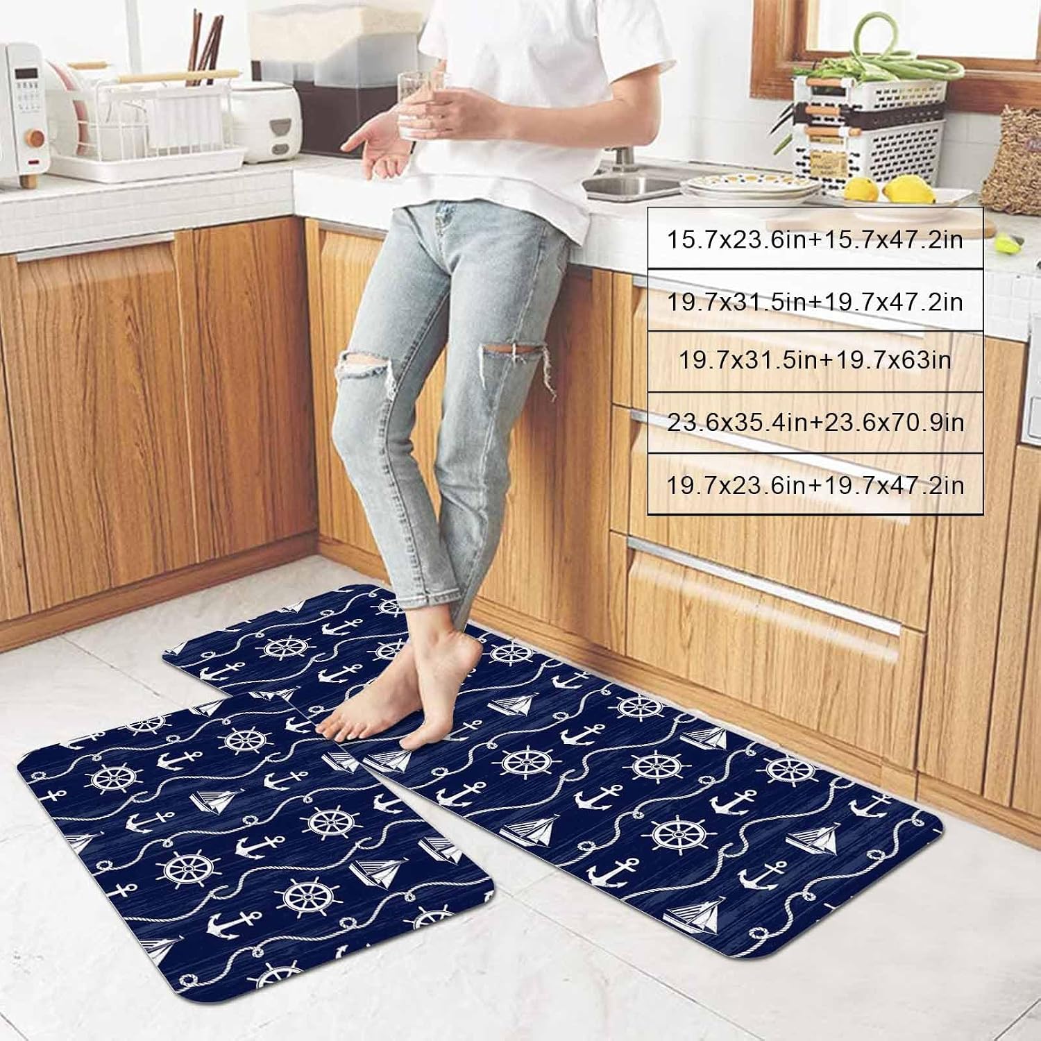 Navy Blue Ocean Kitchen Mat Set 2 Pieces Rustic Nautical Coastal Sea Beach Sailboat Anchor Rope Non Slip Kitchen Rugs Washable Runner Rug Mats for Floor Sink Laundry Office 15.7" x 23.6"+15.7" x 47.2"