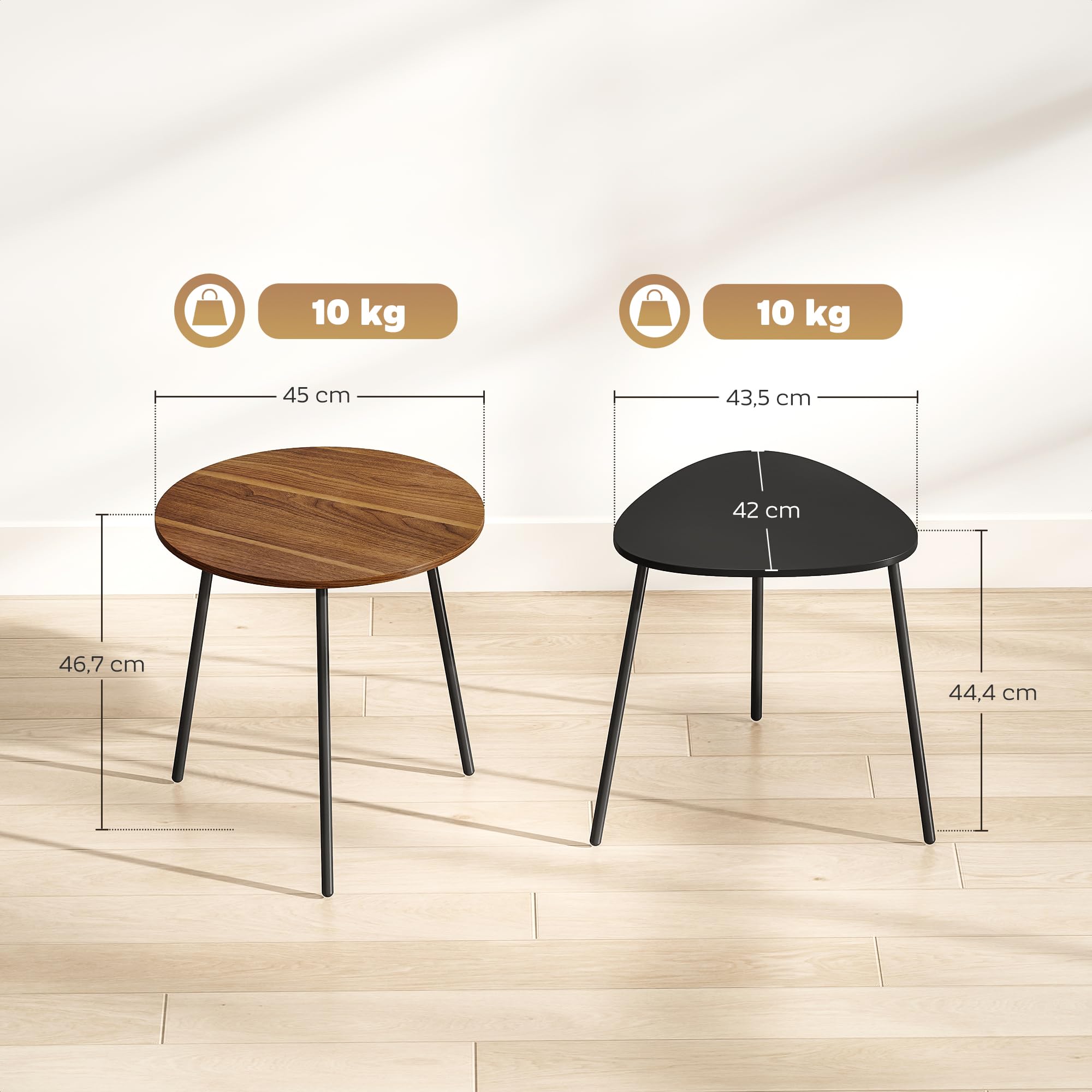 HOMCOM 2 mesas de café Nido, contemporáneo, Nogal y Negro | Mesas laterales de metal, formas redondas y triangulares, mesa de sofá para salón y dormitorio