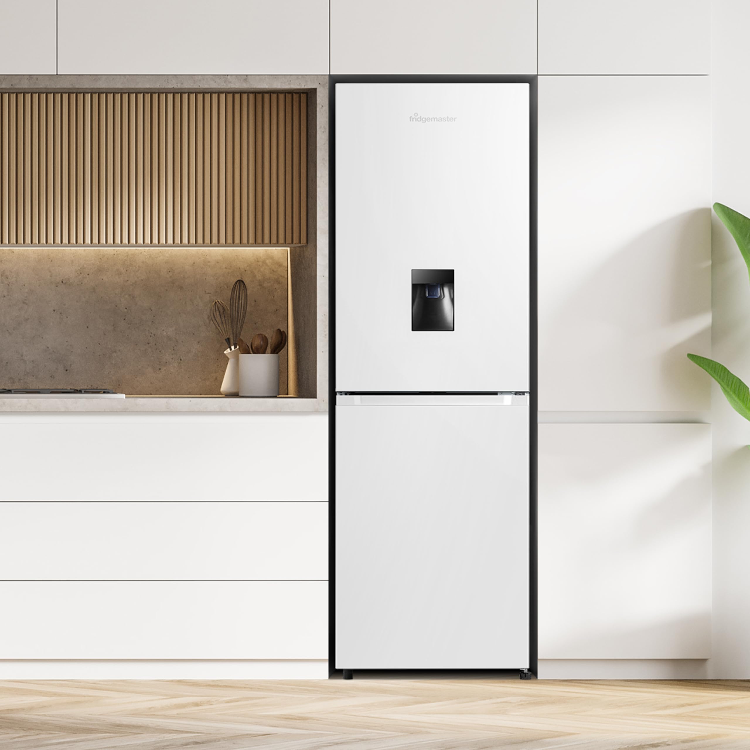Fridgemaster MC55251DE 55cm Freestanding 256 litre 50/50 Fridge Freezer with Non-plumbed Water Dispenser - Frost Free - LED Lighting- 4 Star Freezer Rating -White - E Rated, H182.4 x W55 x D55.7 (cm) — view 14