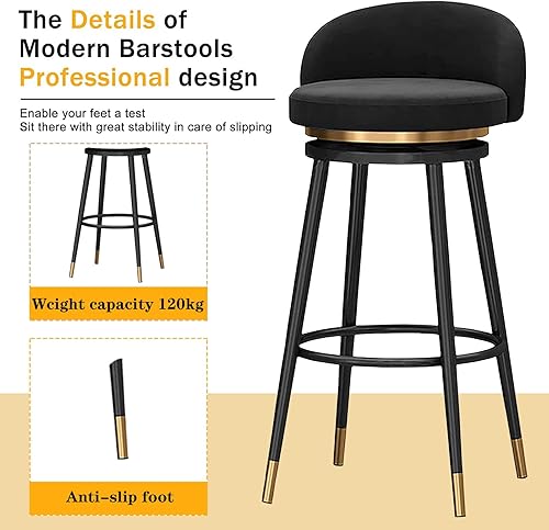 Miniatura 4 de Juego de 2 taburetes de bar de 25.6 in, giratorios de 360, de altura de mostrador, sillas de bar tapizadas de terciopelo sin brazos, sillas de bar