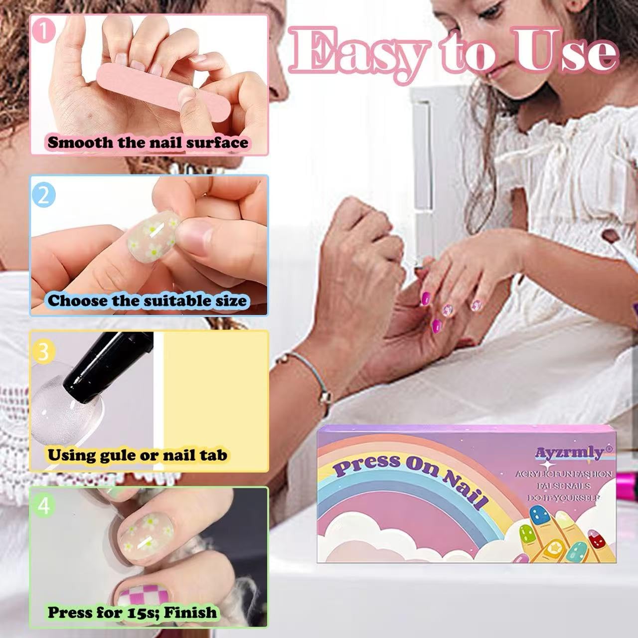 144 Piece Press on Nails for Kids, Ayzrmly 6 Pack Kawaii Children Fake Nails, False Nails Kit Colorful DIY Nail Art Decorations for Girls, with Jelly Nail Glue and Jelly Nail Adhesives Tools