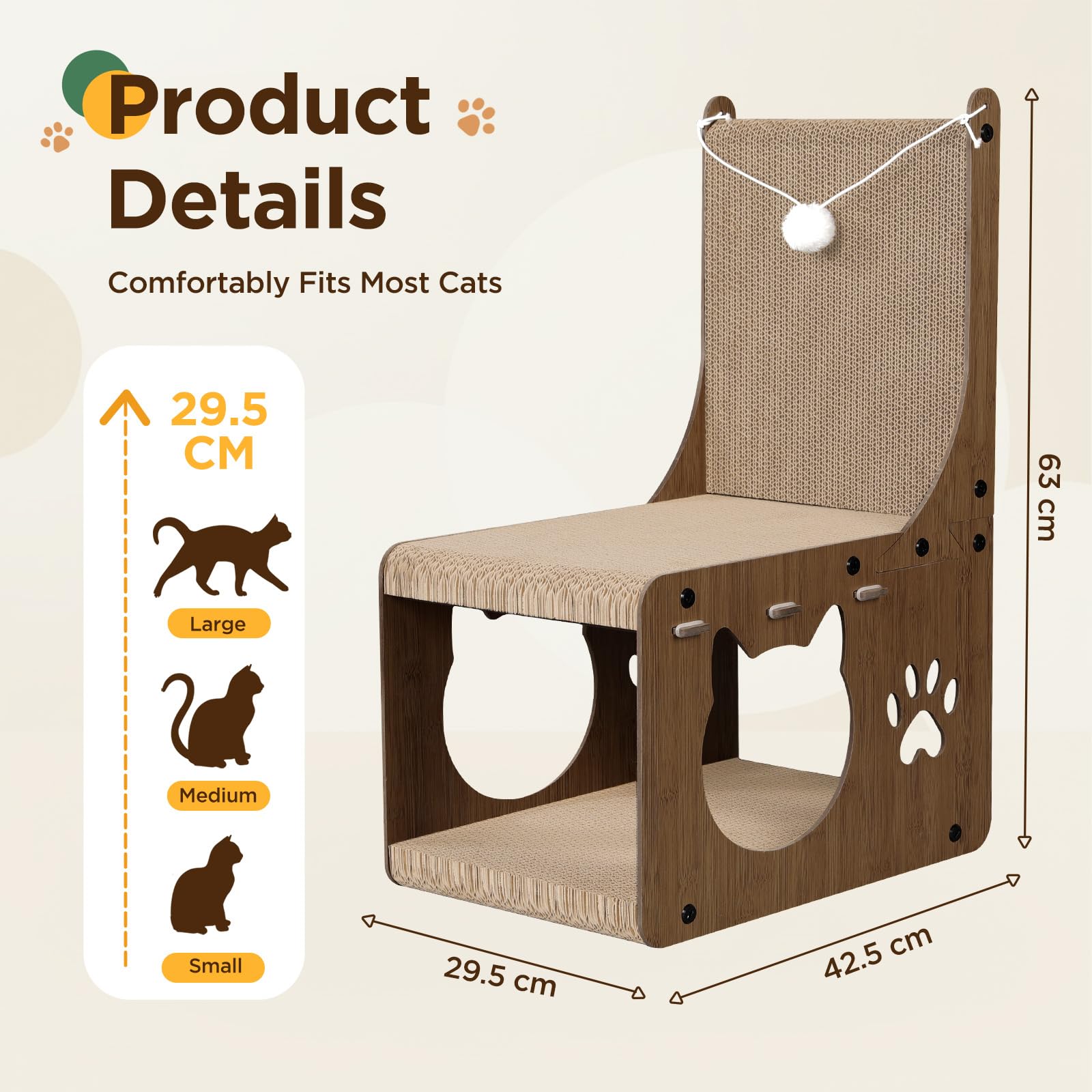 Gimars Rascador para Gatos en Forma de Silla – Cartón para Rascar, Alfombrilla y Tabla Interactiva con Pelotas y Túnel, Protector de Muebles para Gatos de Interior, Nogal