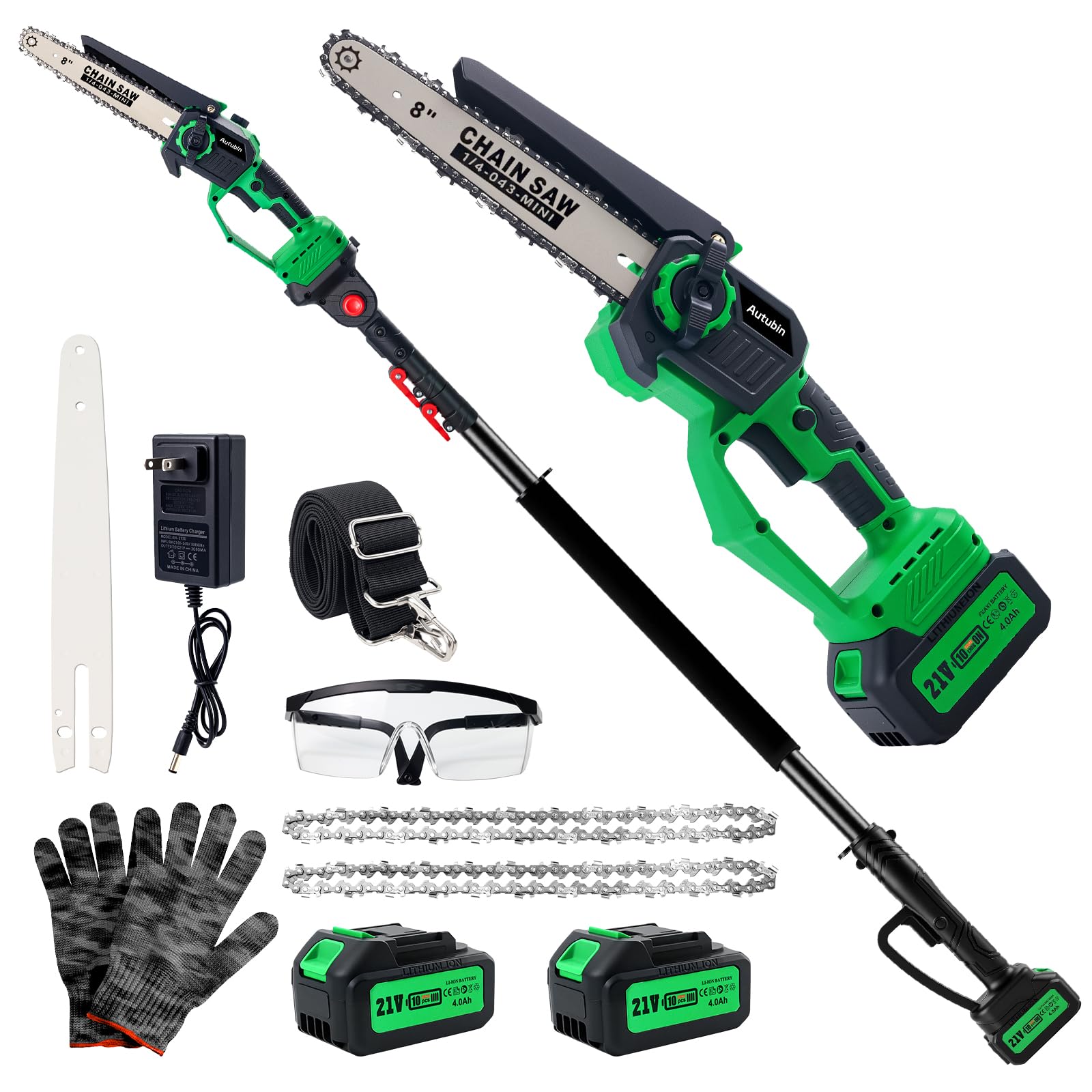 2-in-1 Electric Pole Saw for Tree Trimming, Cordless Pole Saw & 8'' Mini Chainsaw with Extension Pole, 2*21V 4.0 Ah Electric Handheld Chain Saw with Rechargeable Batteries for Wood Ranger,Senior,Women