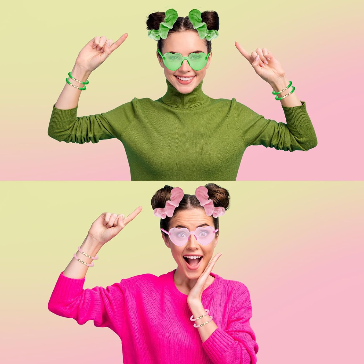 XunYee 96 Pcs Witch Theme Party Favor Supplies Pink and Green Hair Scrunchies Friendship Bracelets Sunglasses Bags Neon Friendship Gifts for Fans Women Pink and Green Party Favors (Stylish)