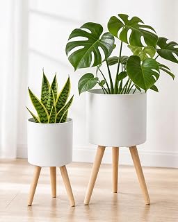 2 Pack Plant Stand, Metal Planter Holder with Wooden Legs, White | Modern Style, Indoor Use, Living Room & Office, Bedroom Decor