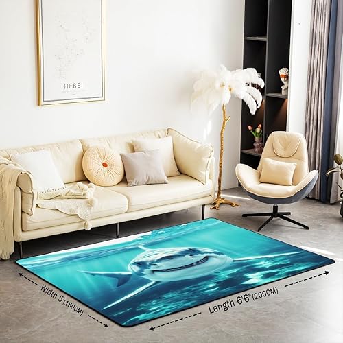 Miniatura 3 de jejeloiu Alfombra de área con diseño de tiburón, 5 x 7 pies, para sala de estar, dormitorio, mundo submarino, temática azul acuático, animal