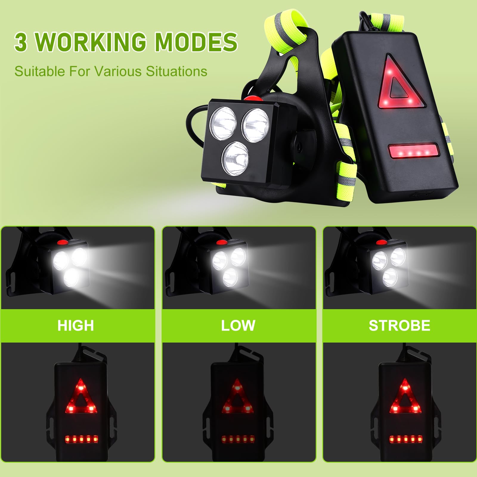 Nizirioo Luce da corsa con riflettori, lampada toracica ricaricabile USB, corsa con 3 modalità di luce, impermeabile, con luce posteriore rossa, per corsa, campeggio, escursionismo, jogging