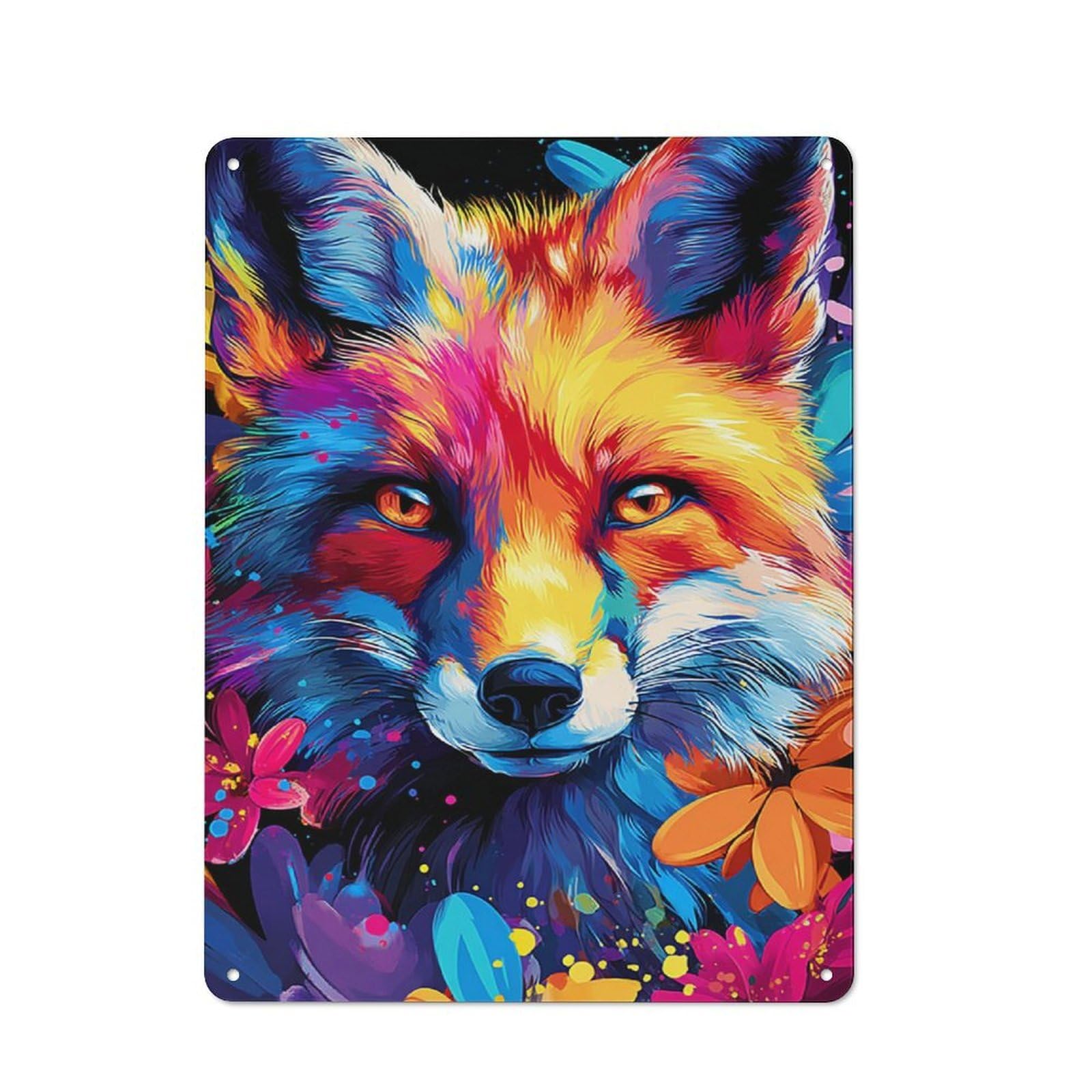 Junmoney Colorful Fox In Flowers Metal Plaque With Design 40X30cm, Vintage Bistro Wall Plaque For Coffee Bar, Kitchen, Bistro Or Tea Corner