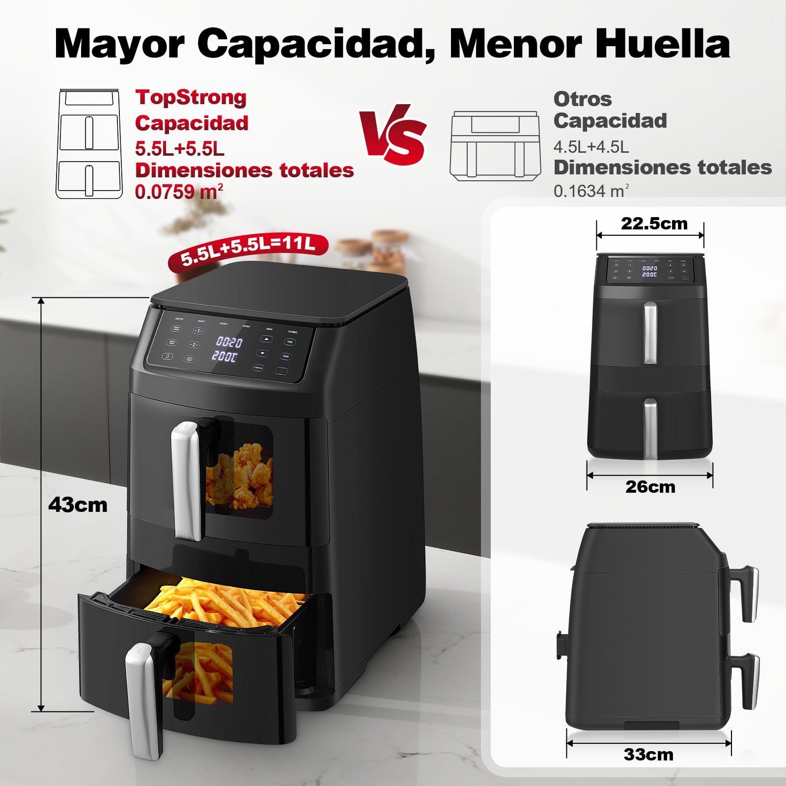 TopStrong Double Stack Freidora de aire, 11 L Air Fryer Doble Cesta Vertical, 40℃-220℃, 6 Funciones de Cocción & 8 Programas Preconfigurados, Ahorrar Espacio, 2500W (Negro Ventana)