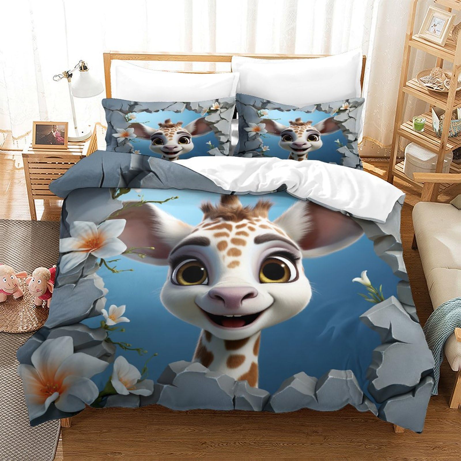 P1S9U7W5Y 3D Printed Cute Giraffe Floral Duvet Cover Set 3pcs Microfiber Cartoon Bedding Set Double