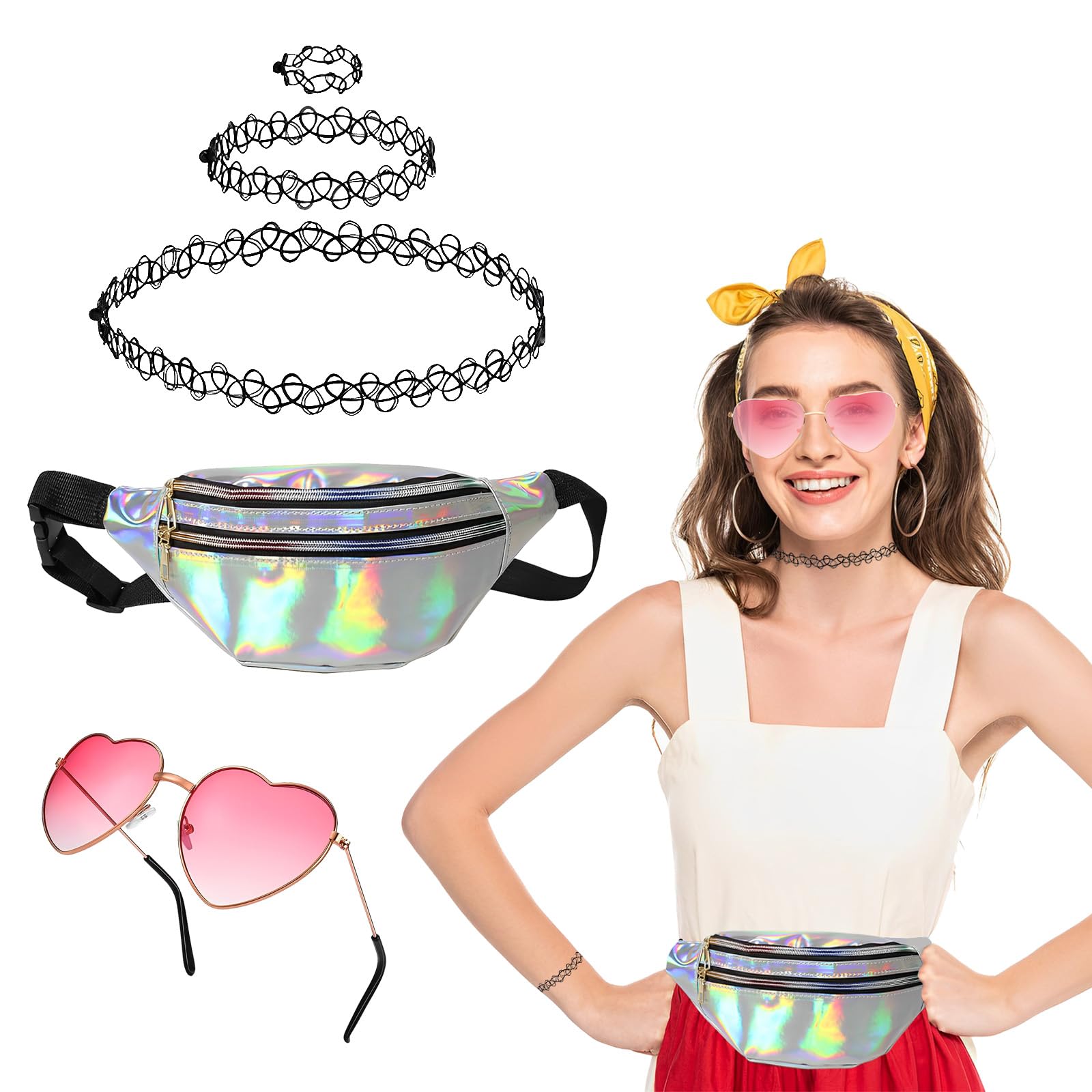 GADITIEK Set Anni '90 '80 a Tema con Occhiali da Sole a Cuore, Accessori Neon da Donna, Marsupio, Festival - 4 Pezzi, Maiorca, Rosa, Taglia Unica