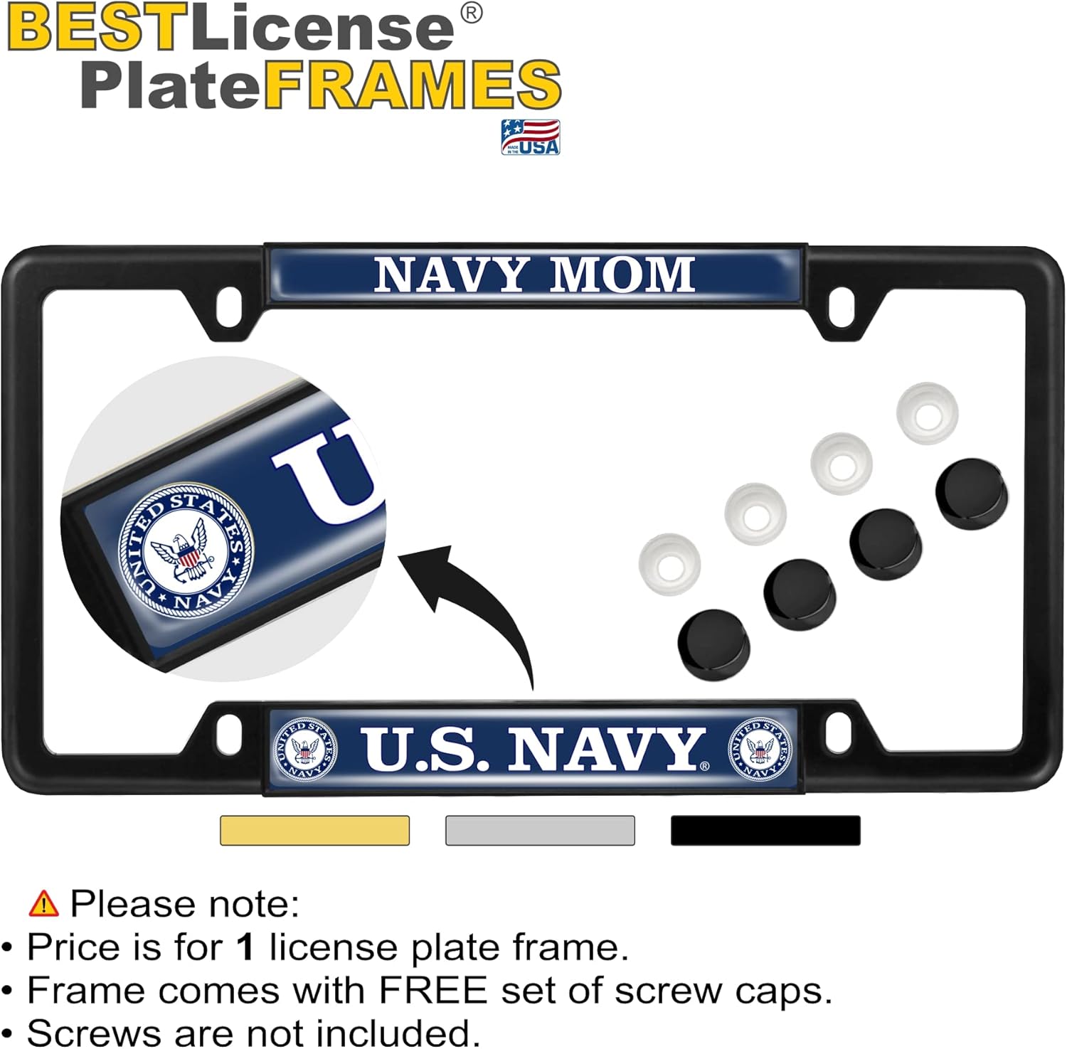 [Officially Licensed Product] - United States Navy Mom - Domed Custom-Made Personalized Narrow (Thin) Top 4 Hole Metal Car License Plate Frame with Free caps - Black (Qty: 1 Frame)