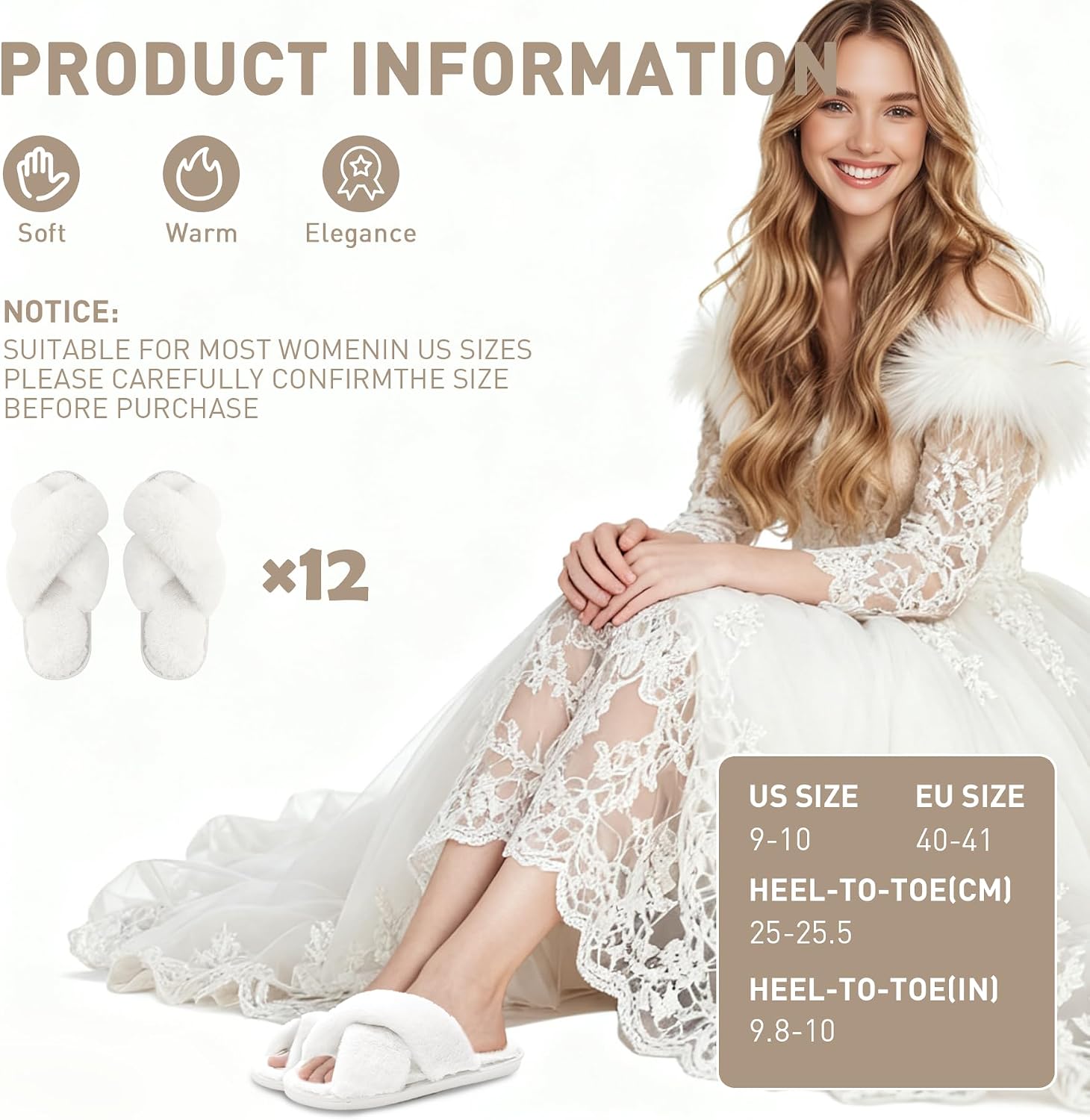 12 Pairs Bridesmaid Slippers Bulk, Cross Band Open Toe Fuzzy Slippers Bulk for Wedding Bachelorette Party, Plush Furry House Slippers for Bridal Party Gifts