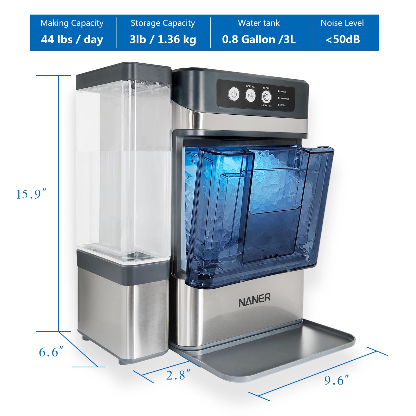 Nugget Ice Makers Countertop 42lbs/Day Large Capacity One-Click Operation Self-Cleaning Portable Ice Maker with A Detachable 3L Water Tank Scoop Included Ice Machine for Home/Kitchen/Office — view 3