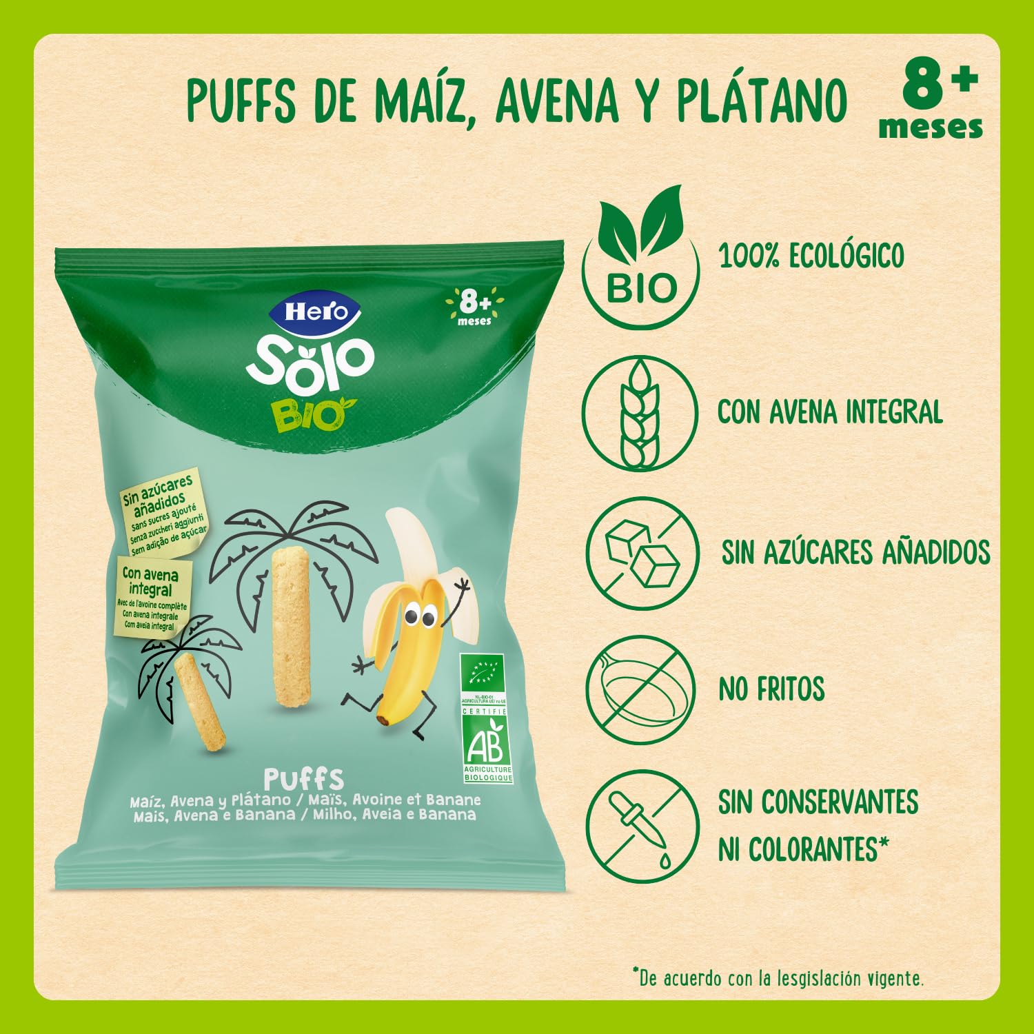 Hero Solo Bio Snack Infantil Ecológico Puffs de Maíz Avena y Plátano 25g x 5uds