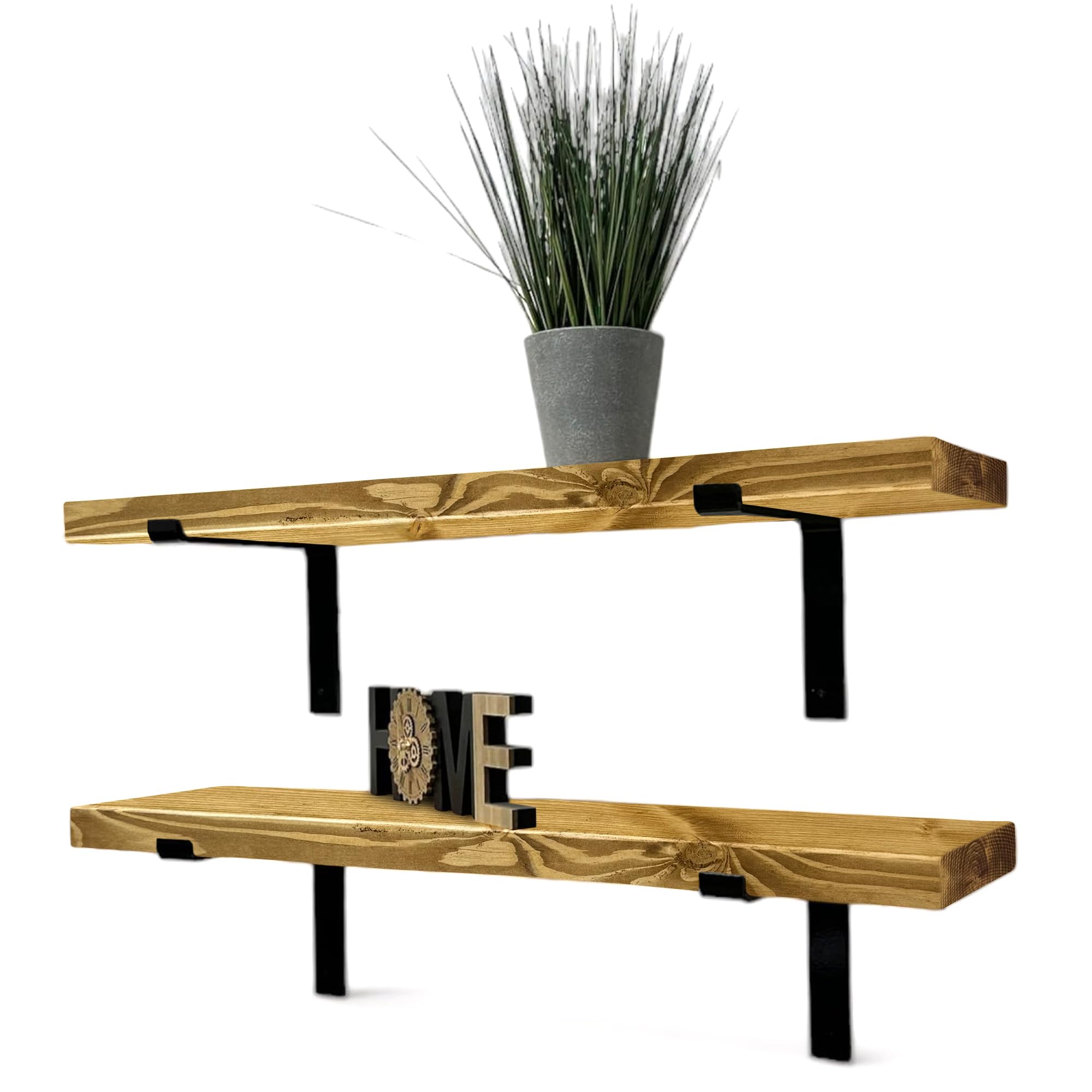 MKGT Set of 2 Rustic Shelves, Wooden Shelving with Brackets for Wall (Dark Oak, 50cm)