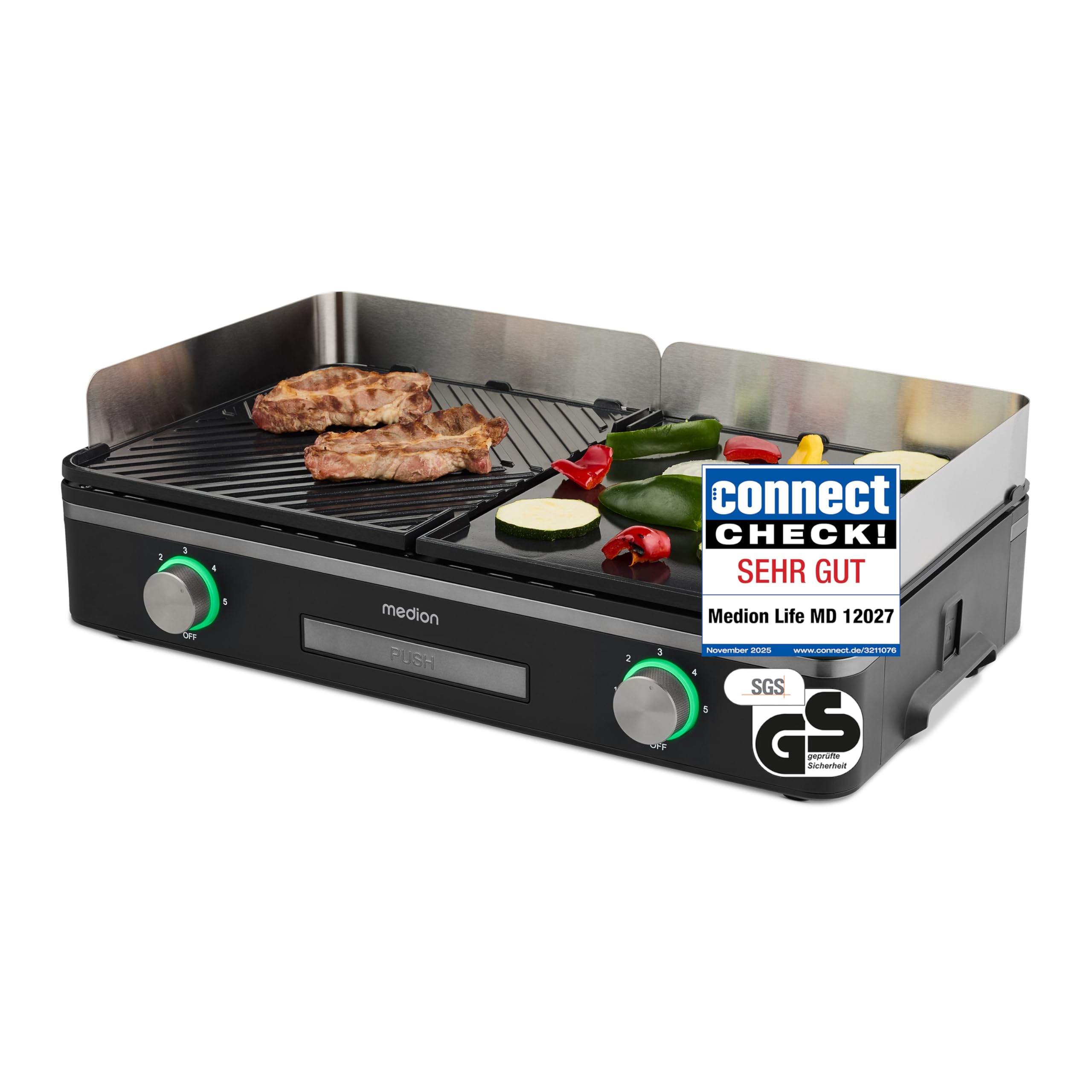 MEDION Tischgrill elektrisch 2400 Watt Dual-Zonen-System IPX4