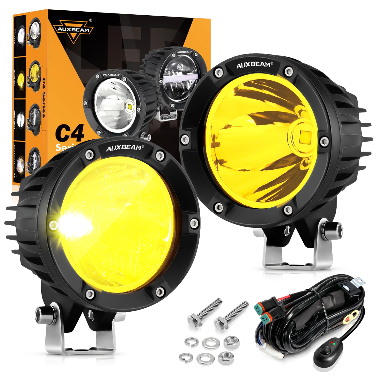 Auxbeam 4 Inch 72W Amber Offroad Lights 2PCS 7200LM Round Offroad LED Light Pods Yellow Spot Fog Lights with 7070 LED Chips Lights Fit for Jeep Vehicle Truck SVU Motorcycle UTV (Yellow Beam)