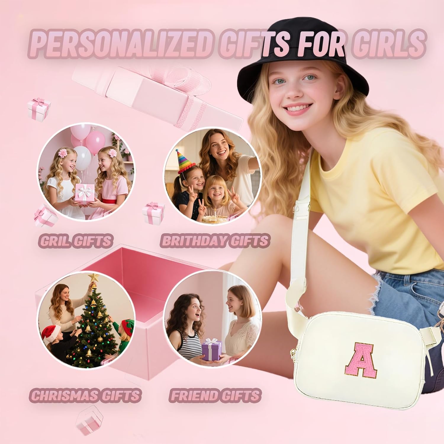 6 Pcs Teen Girl Gifts Trendy Stuff, Monogrammed Fanny Pack for Girl with Keychain, Necklace, Cup Charm, Greeting Card and Gift Box, Birthday Gifts for 4 5 6 7 8 9 10 11 12 13 Year Old Girls (A, Beige) - Image 4