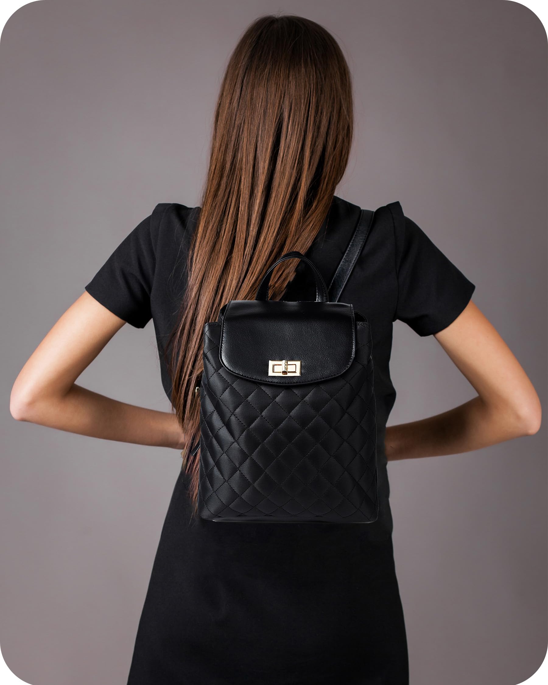Nollia Black Leather Mini Backpack for Women | Light Travel Small Daypack with Adjustable Strap | Black Backpack Purse