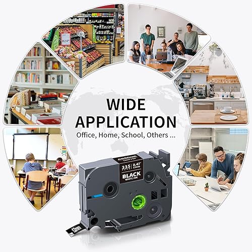 Miniatura 4 de Absonic Tz-335 Cinta de etiquetas blanca sobre negra compatible con Brother Tze-335 P Touch Label Tape Tze Tz 0.472 in 0.47 Laminado Negro para