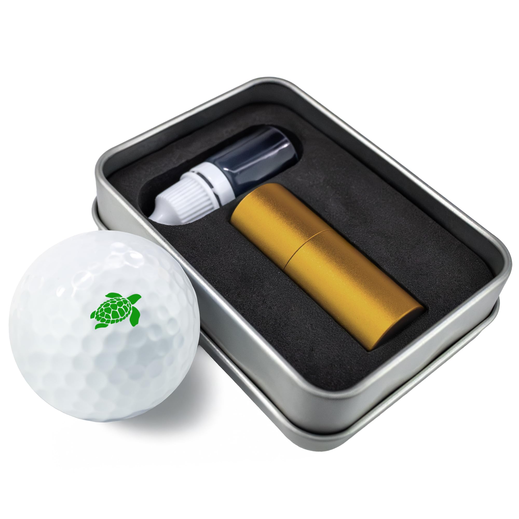Golf Ball Marker Stamp with TiteSeal™ Technology - Turtle - Metallic Box with Golf Ball Stamp + Refill Ink Bottle - Green